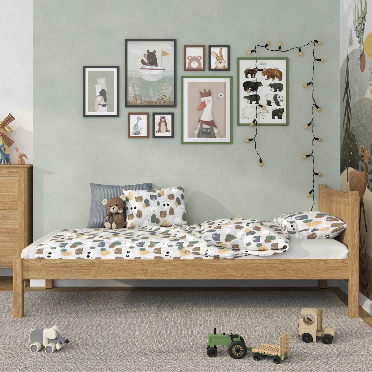 Single oak bed natural oak – side view, furniture proportions
