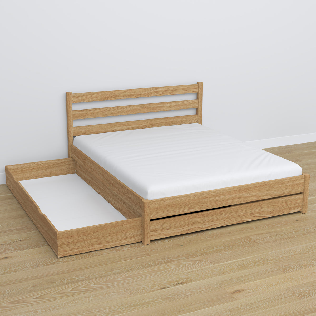 Oak double bed with drawer natural oak – open drawer, spacious interior
