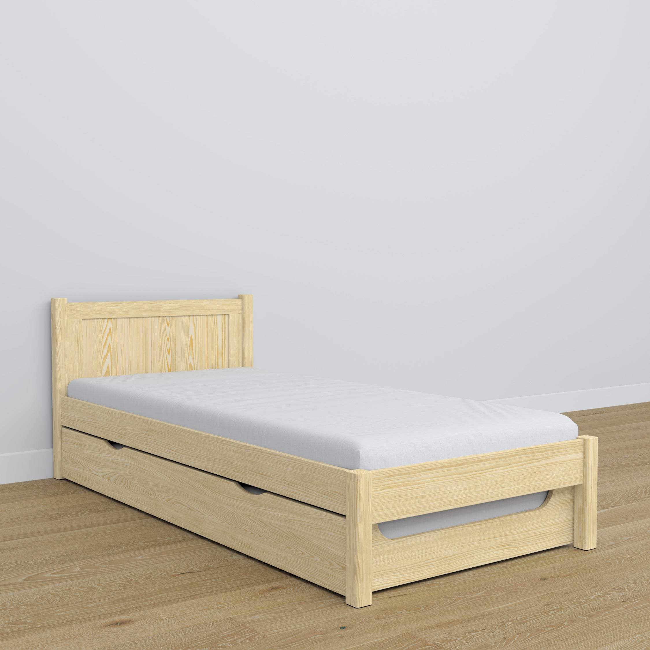 Wooden bed with mattress drawer clear pine – child’s room arrangement