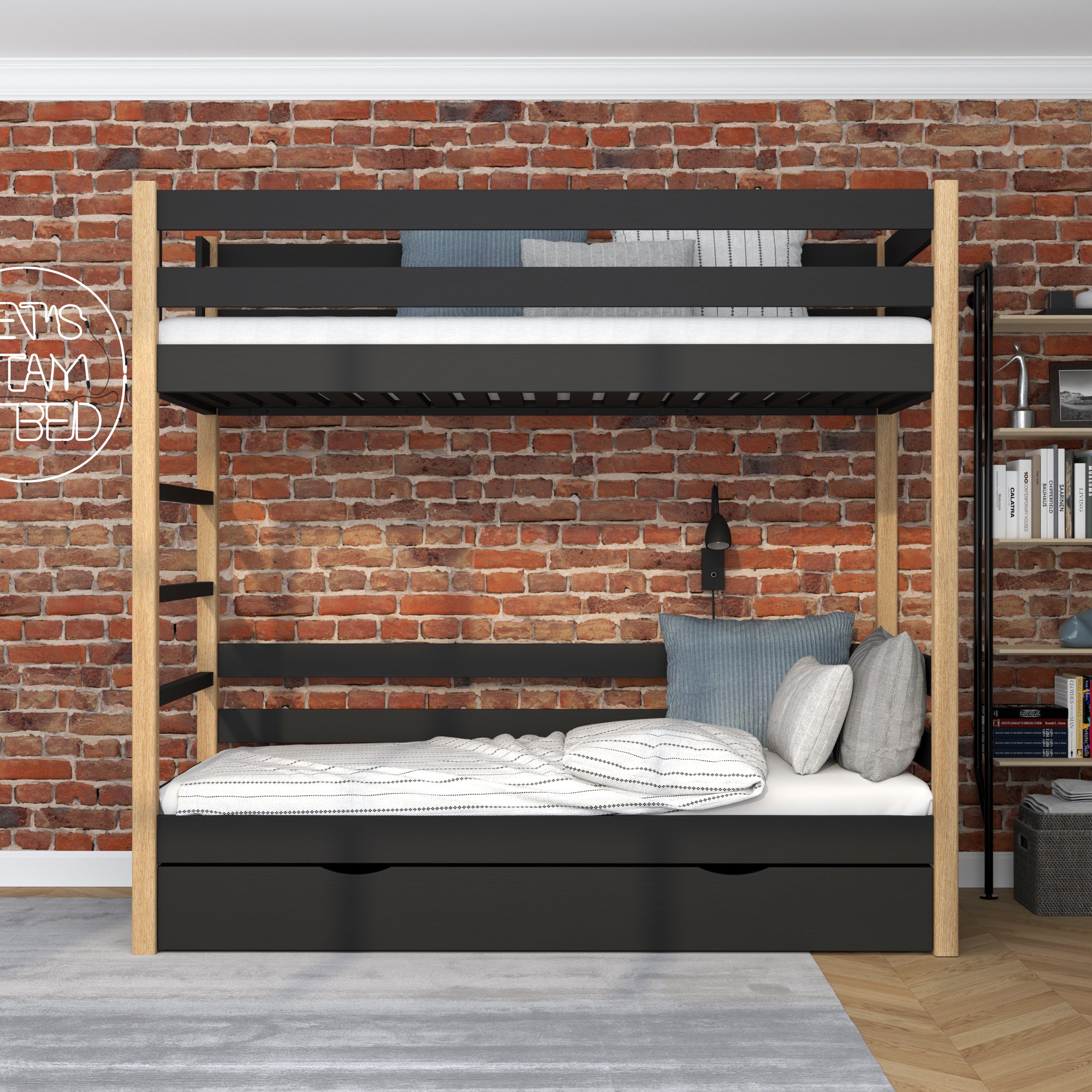 Black and Oak Bunk Bed with Drawer – Wooden Safety Rail and Ladder, Nizio