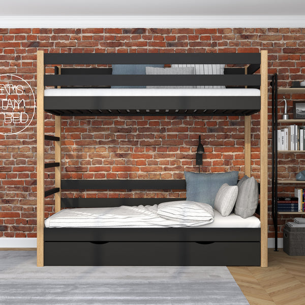 Black and Oak Bunk Bed with Drawer – Wooden Safety Rail and Ladder, Nizio