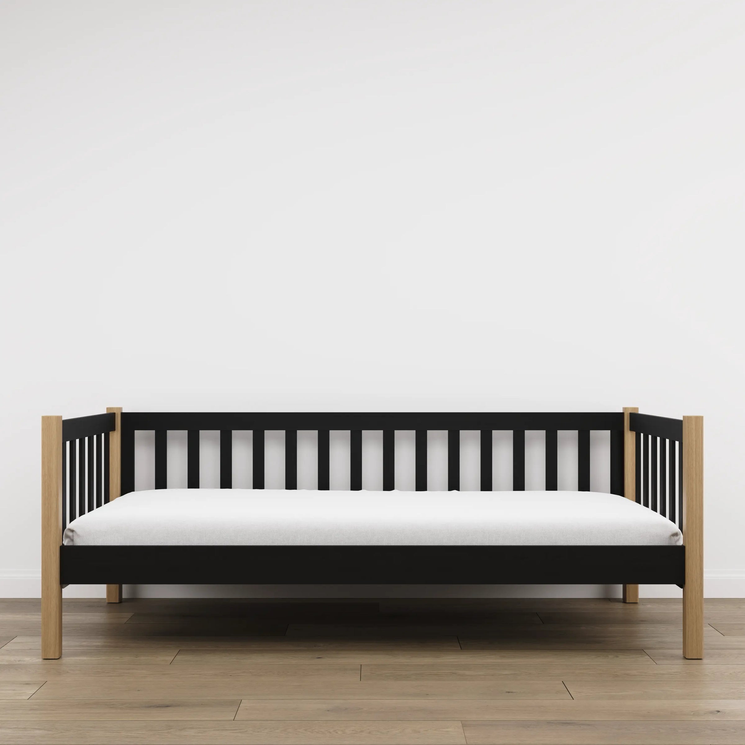 Sofa bed wooden black with oak – side view, shape and proportions of the furniture