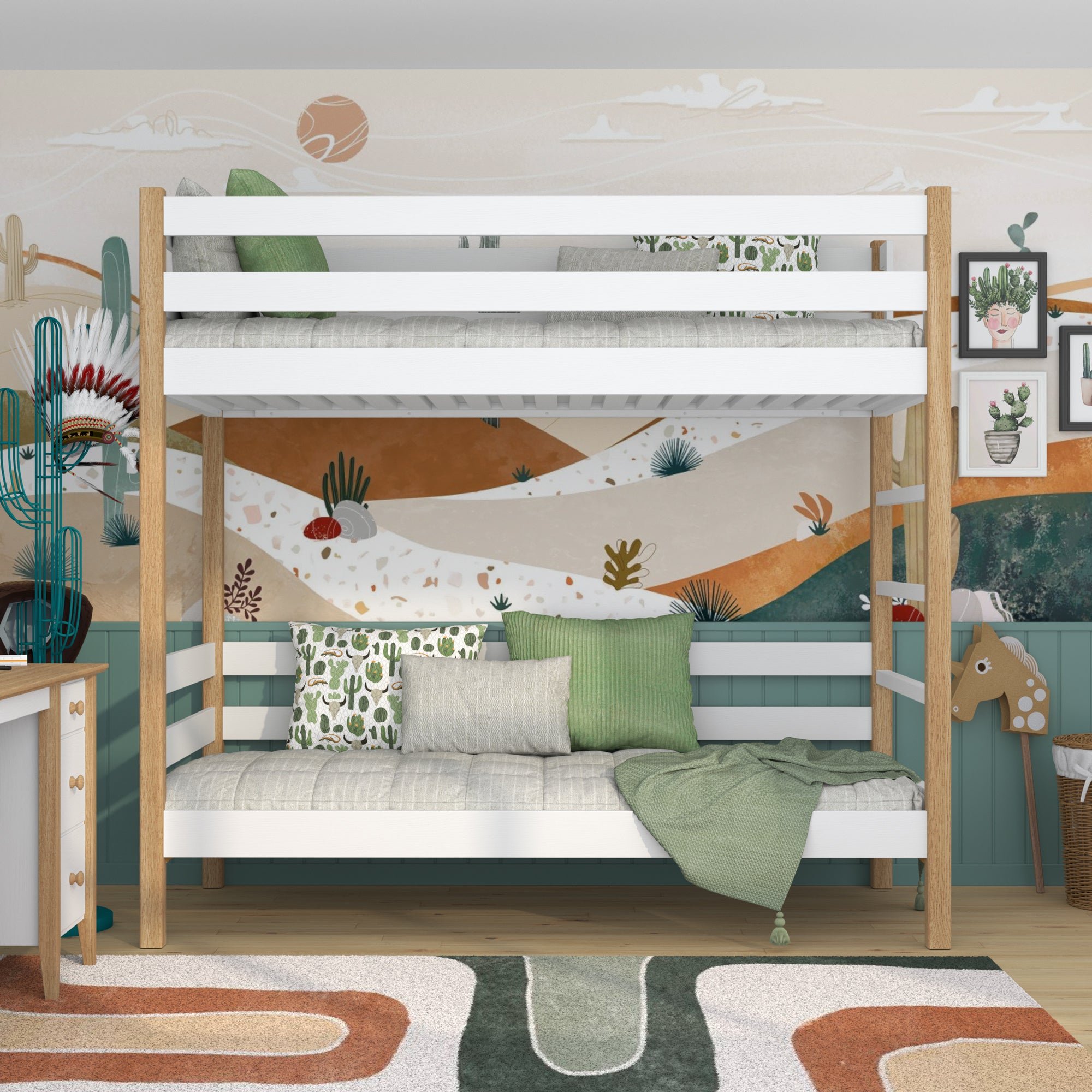 White and Oak Wooden Bunk Bed – Side View, Nizio Home