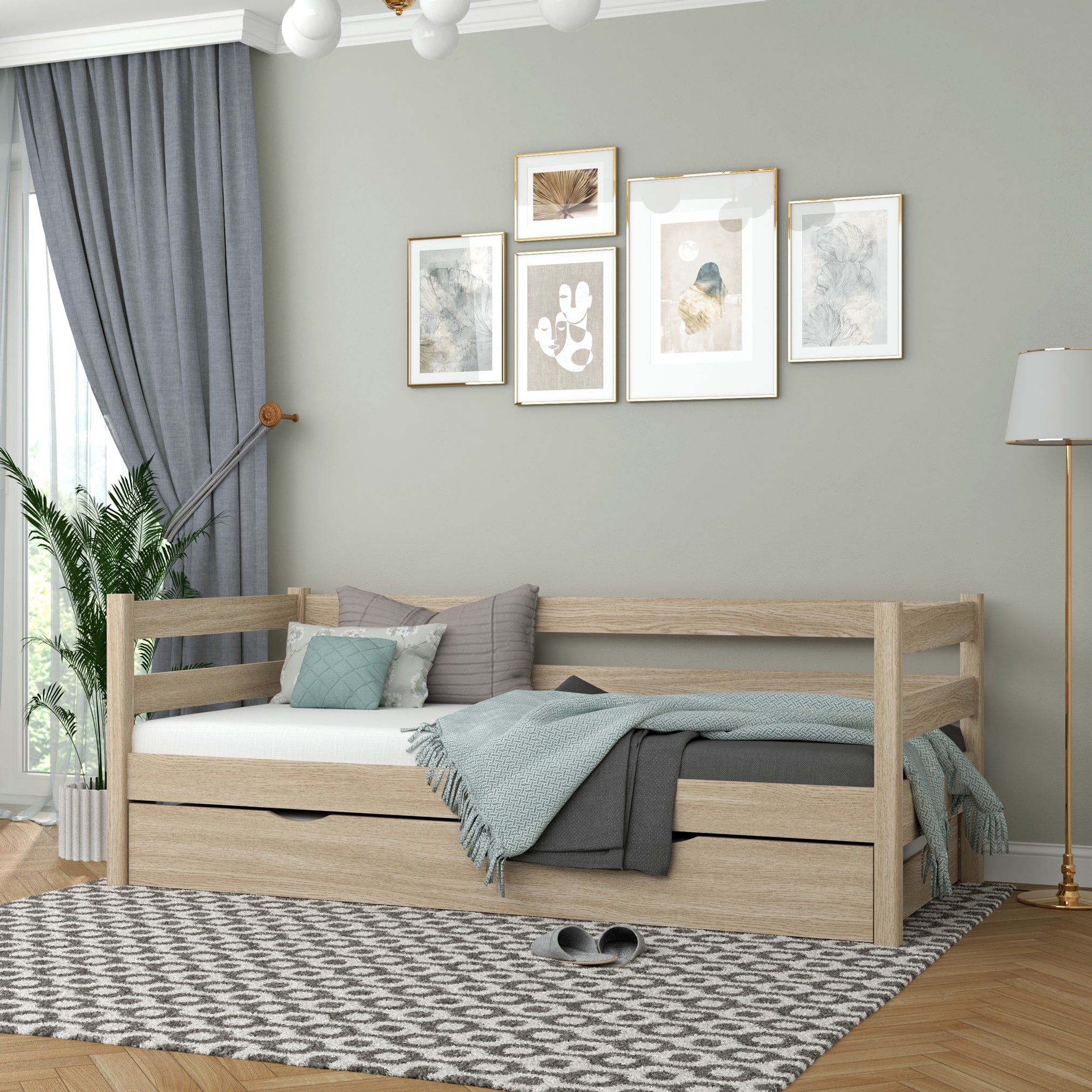 Sofa bed bleached oak – oak side barrier, side view, Nizio