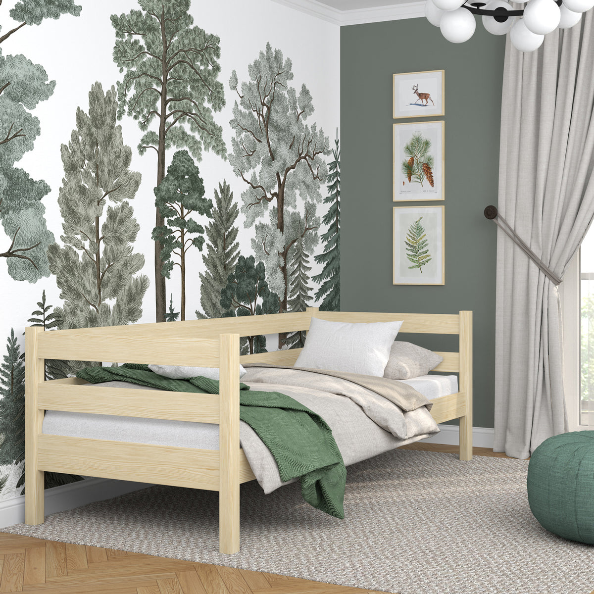 Sofa bed wooden clear pine – side view, shape and proportions of the furniture