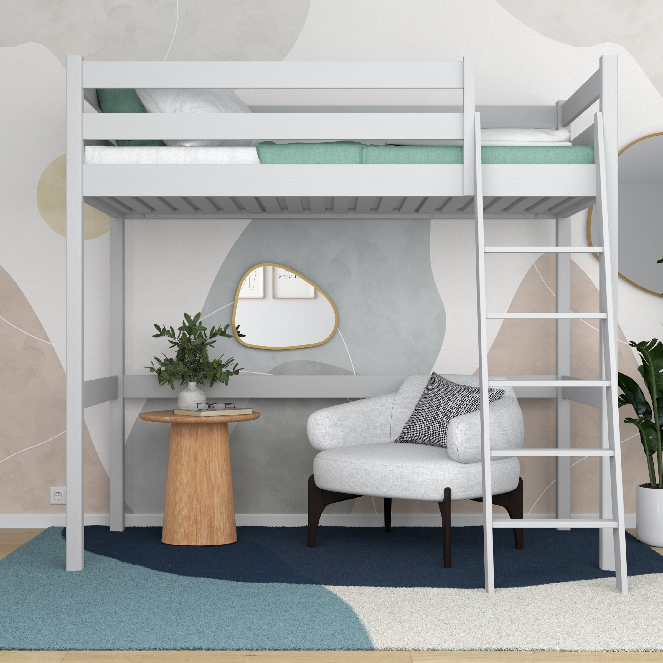 Loft bed grey – wooden ladder and safety rail, Nizio Home