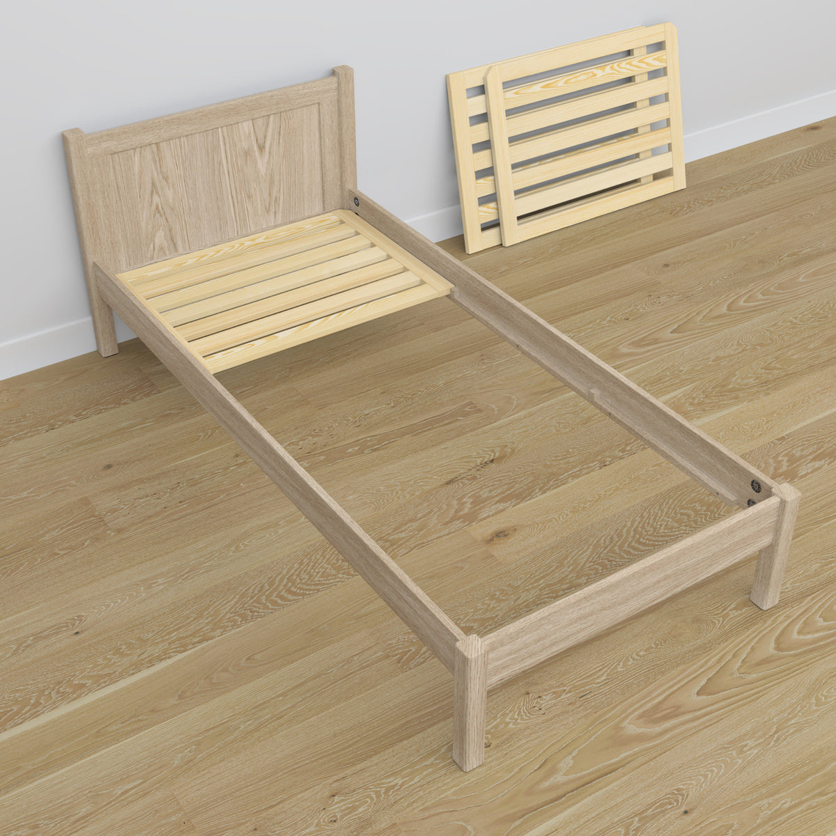 Oak bed with drawer bleached oak – headboard, close-up of wood quality