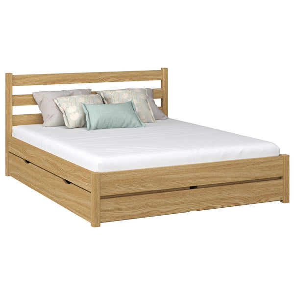 Oak double bed with drawer N01 natural oak – overall view, solid oak wood