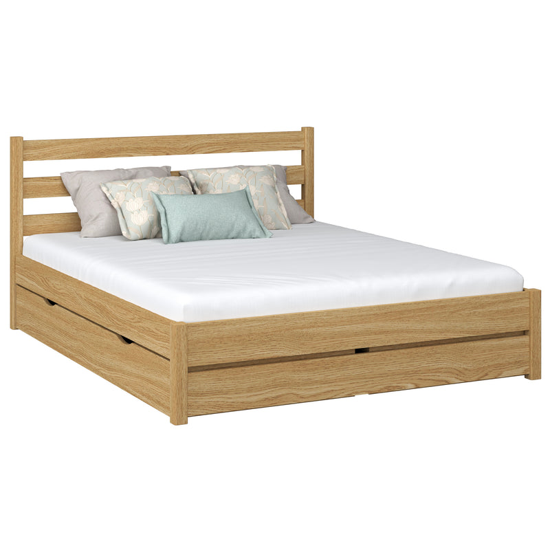 Oak double bed with drawer N01 natural oak – overall view, solid oak wood