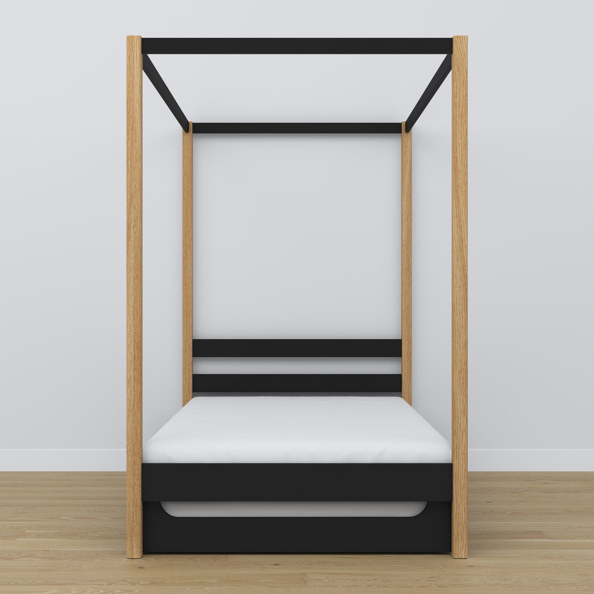 Black and Oak Canopy Bed with Drawer – Side View, Wooden, Nizio