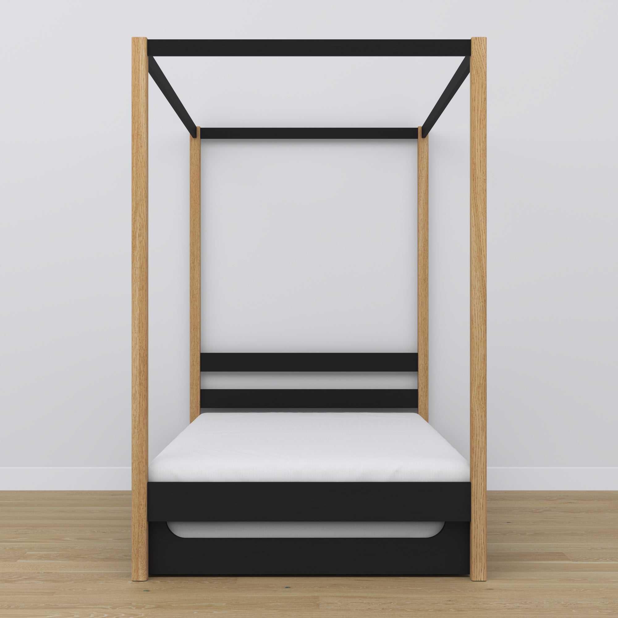 Black and Oak Canopy Bed with Drawer – Side View, Wooden, Nizio