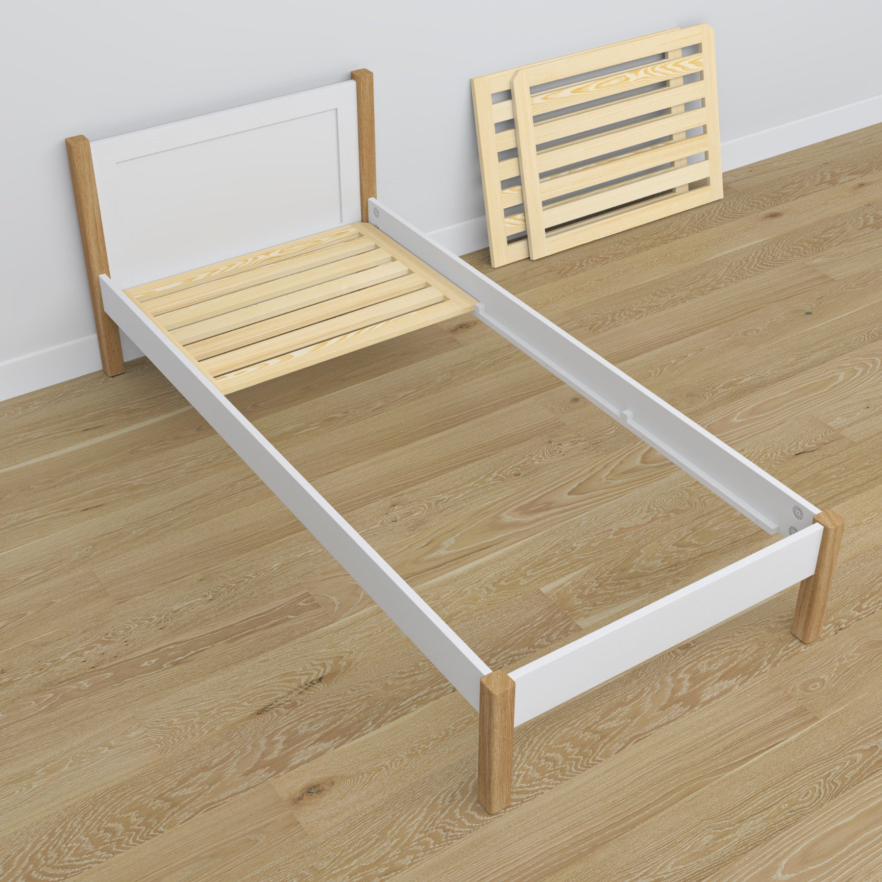 Bed with mattress drawer white-oak made of wood – dimensions, Nizio