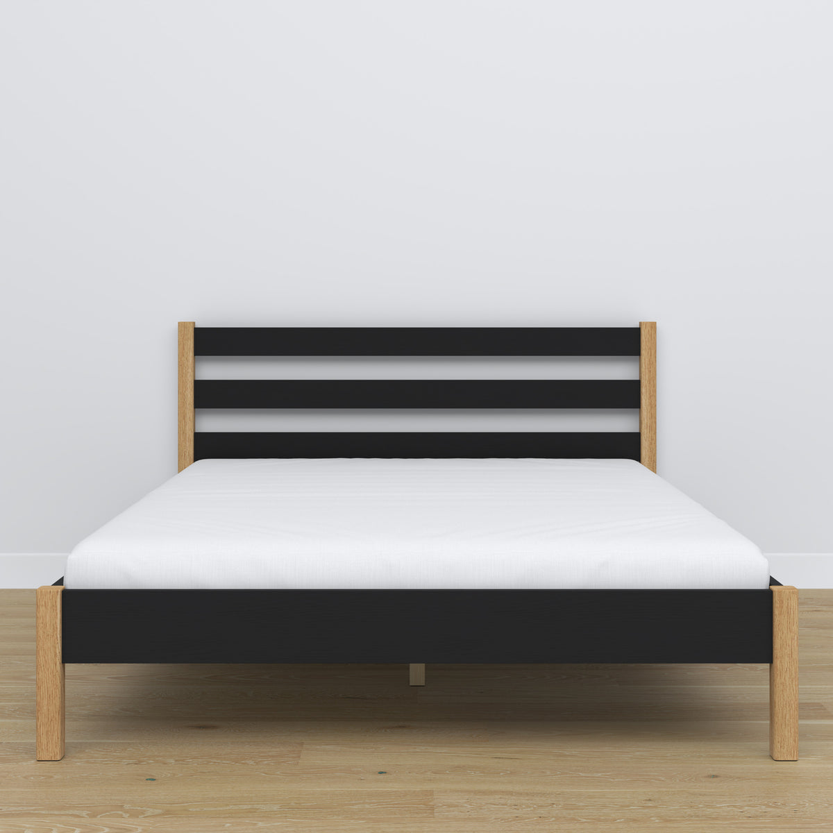 Double bed black and oak – wooden slatted frame, Nizio Home