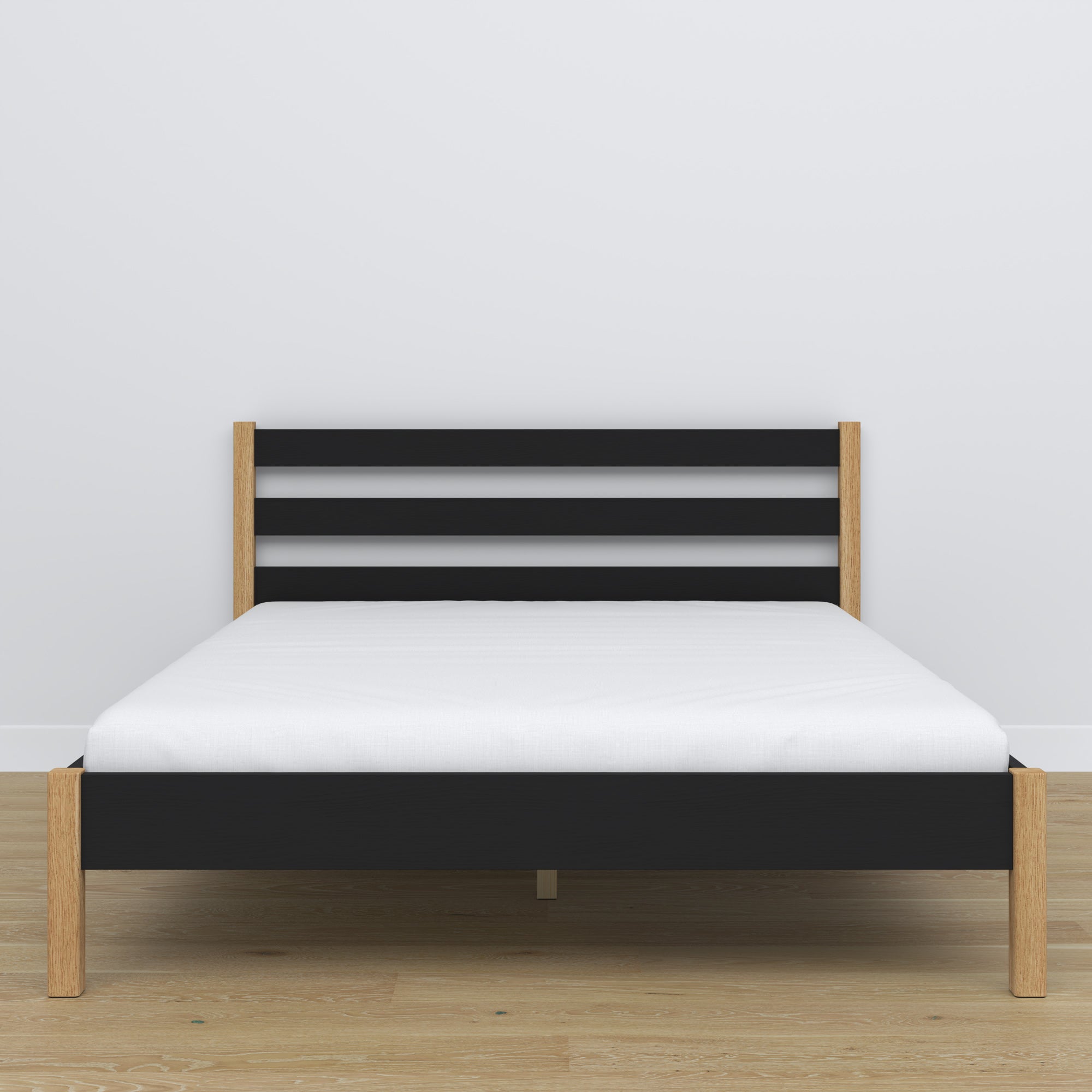 Double bed black and oak – wooden slatted frame, Nizio Home