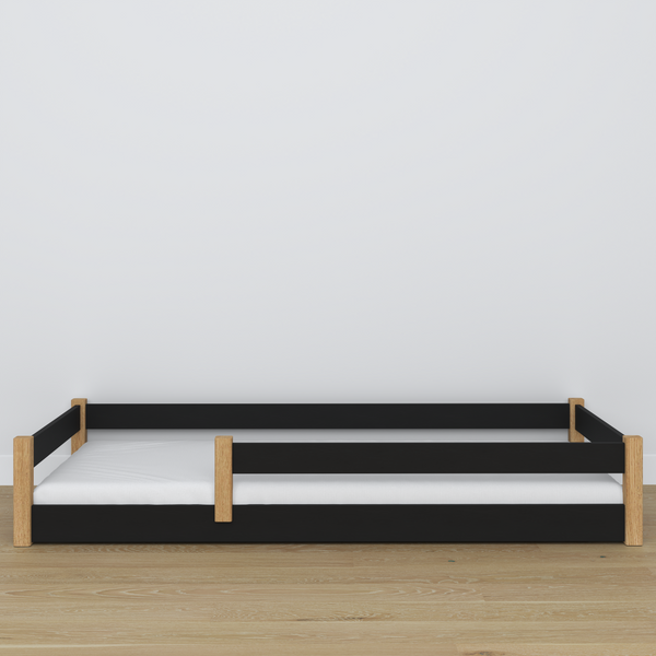 Low Bed Black and Oak – Wooden Headboard, Close-up of Wood Quality