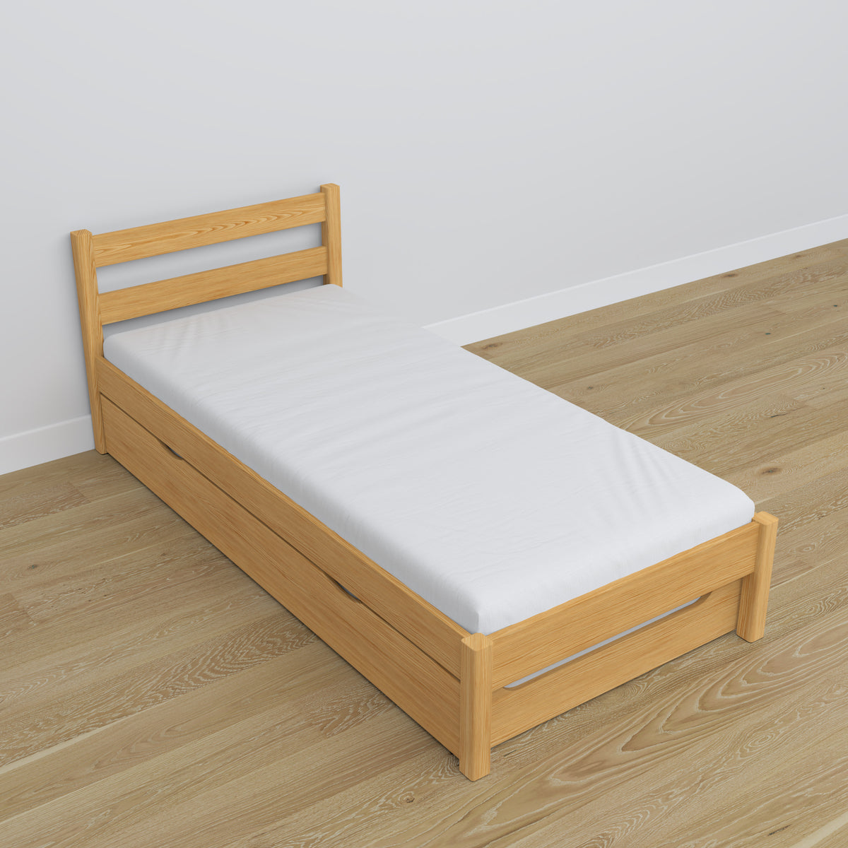Bed with mattress drawer natural pine made of wood – dimensions, Nizio