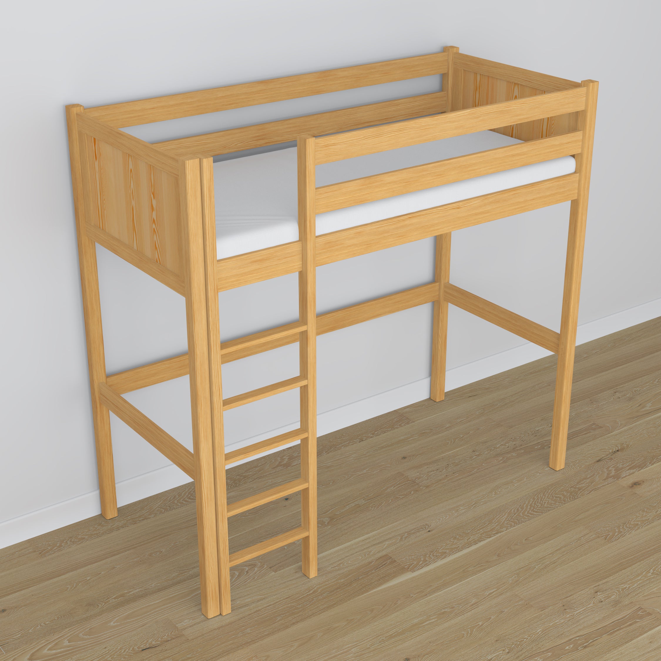 Loft bed natural pine wooden – top view of the sleeping area