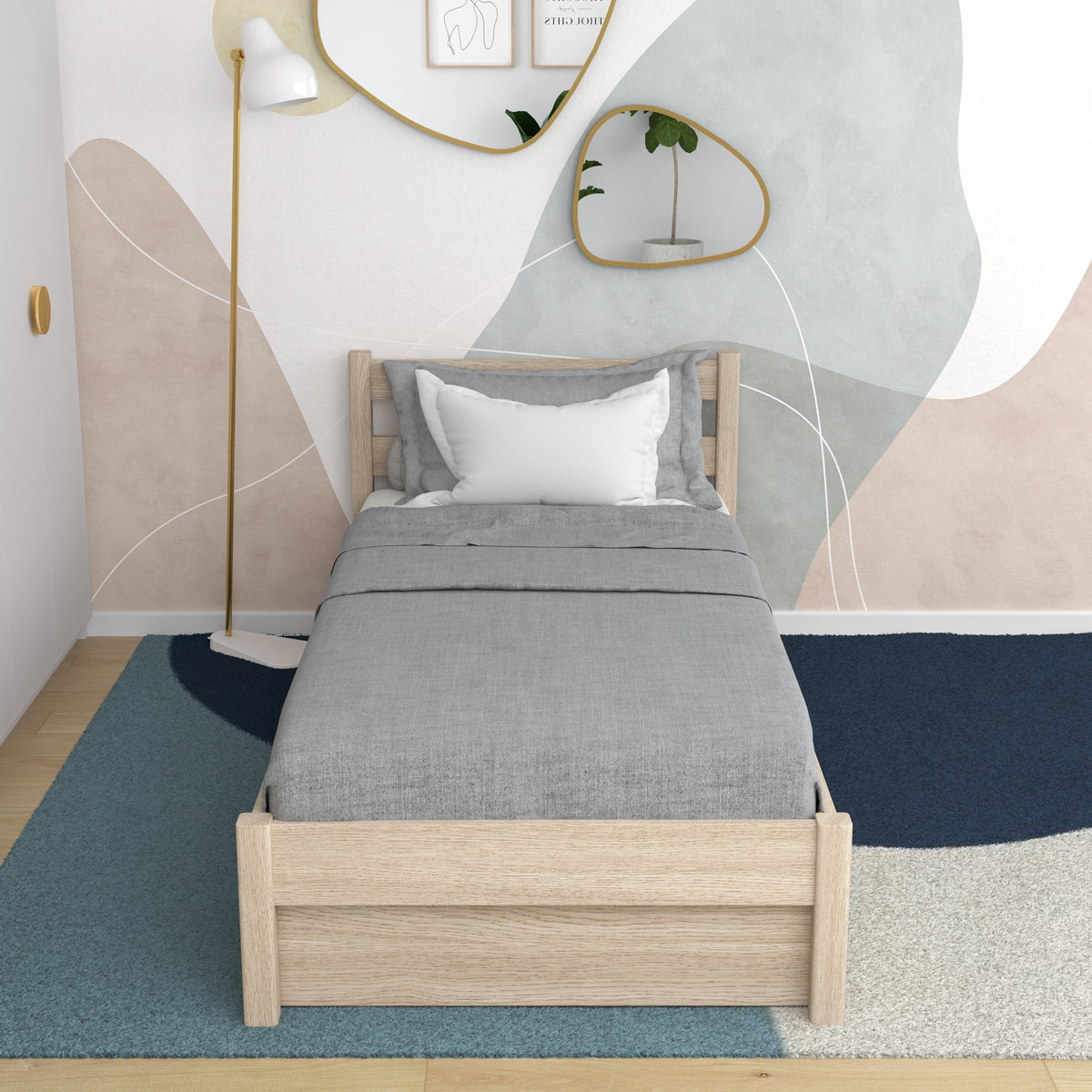 Bleached Oak Bed with Drawer – Side View, Oak, Nizio Home