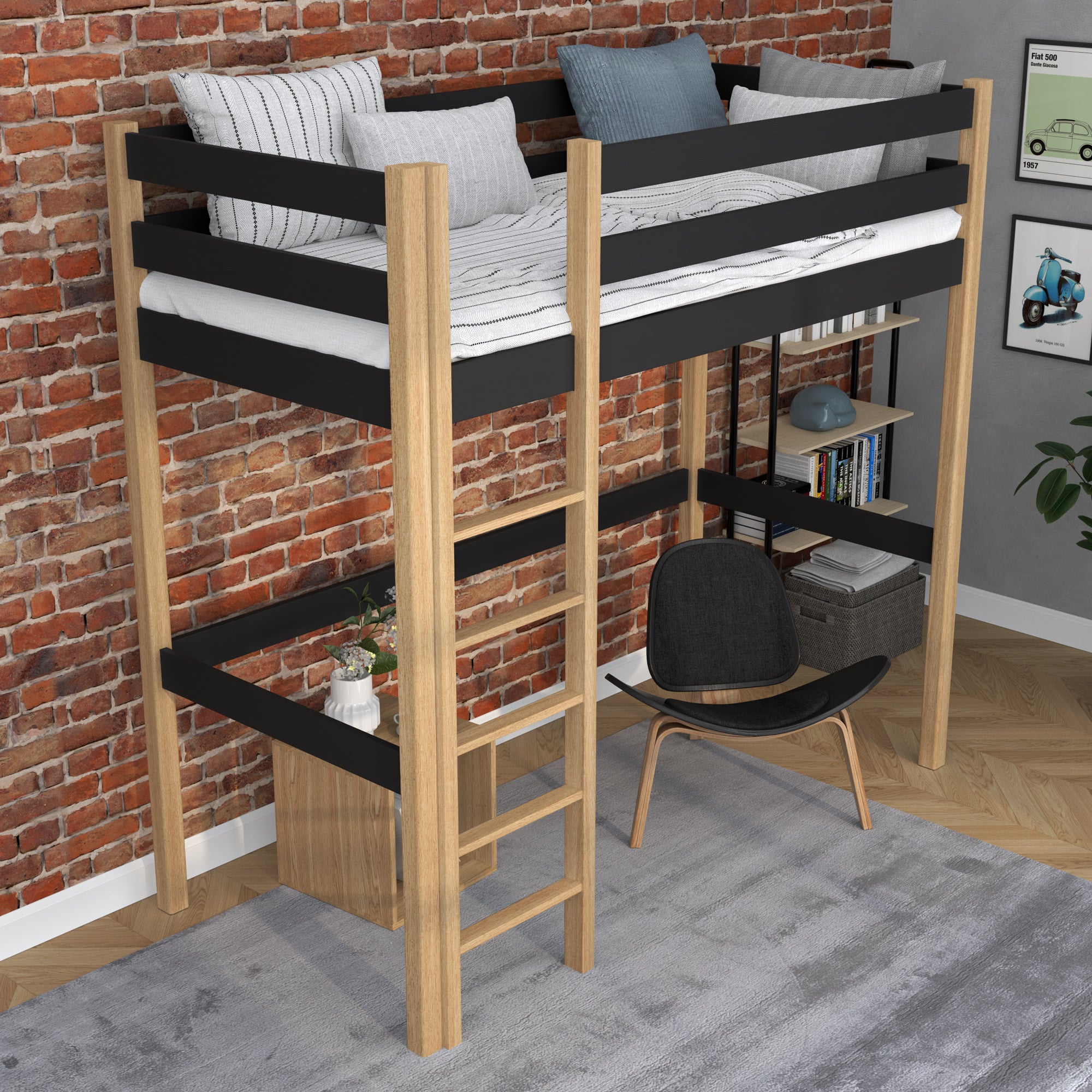 Loft bed black/oak in children’s room – scandi arrangement, wooden