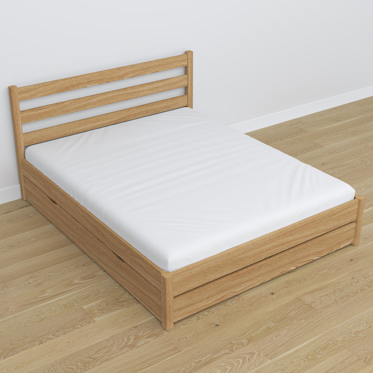 Double bed natural oak – oak legs and base, close-up