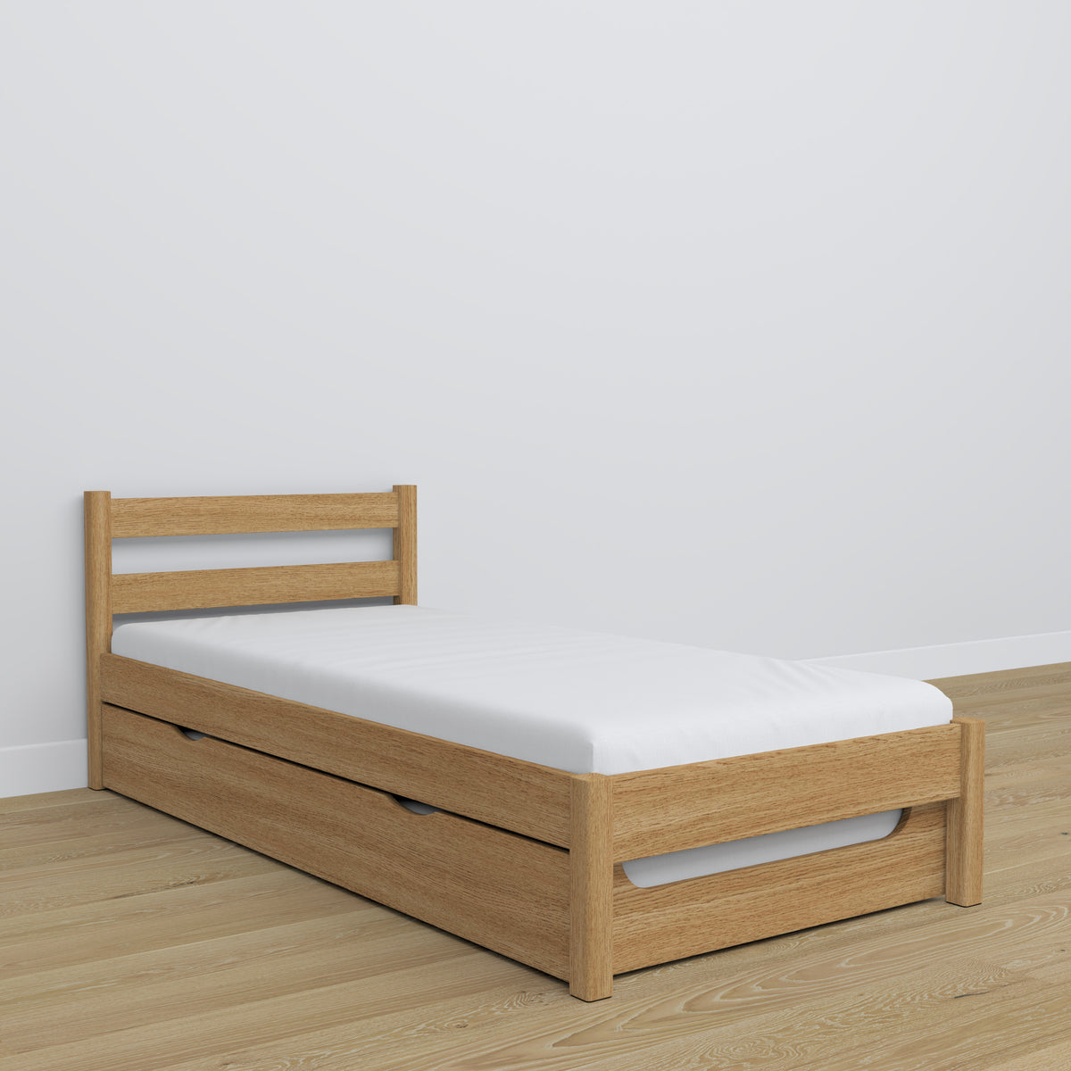 Oak bed with mattress drawer natural oak – child’s room arrangement