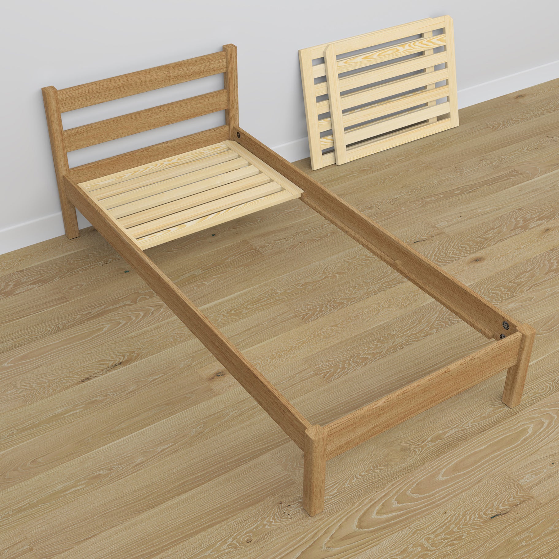Bed with mattress drawer natural oak made of oak – dimensions, Nizio