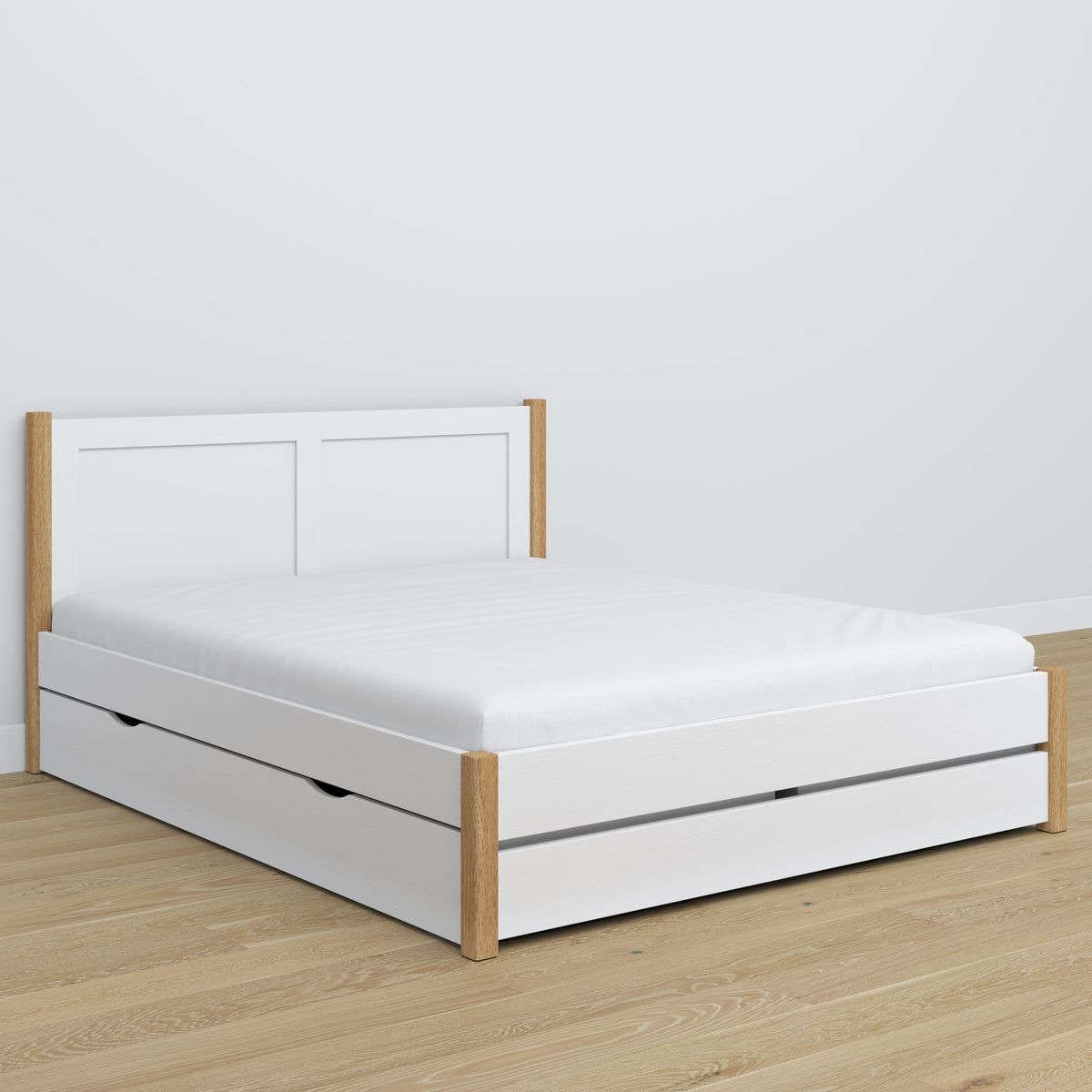 Double bed white with oak and drawer – wooden headboard, close-up