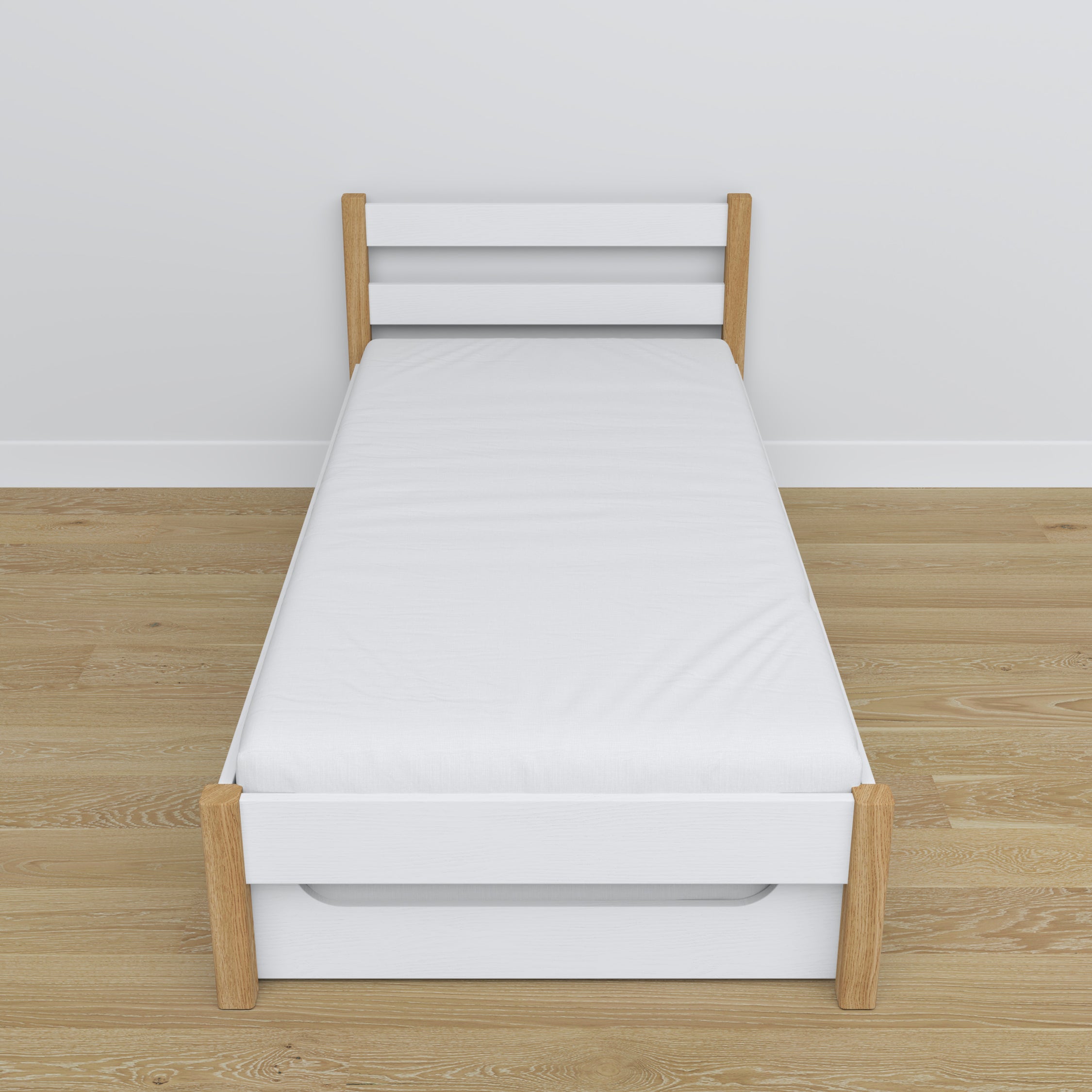 Bed white/oak – mattress drawer, wooden details, Nizio Home