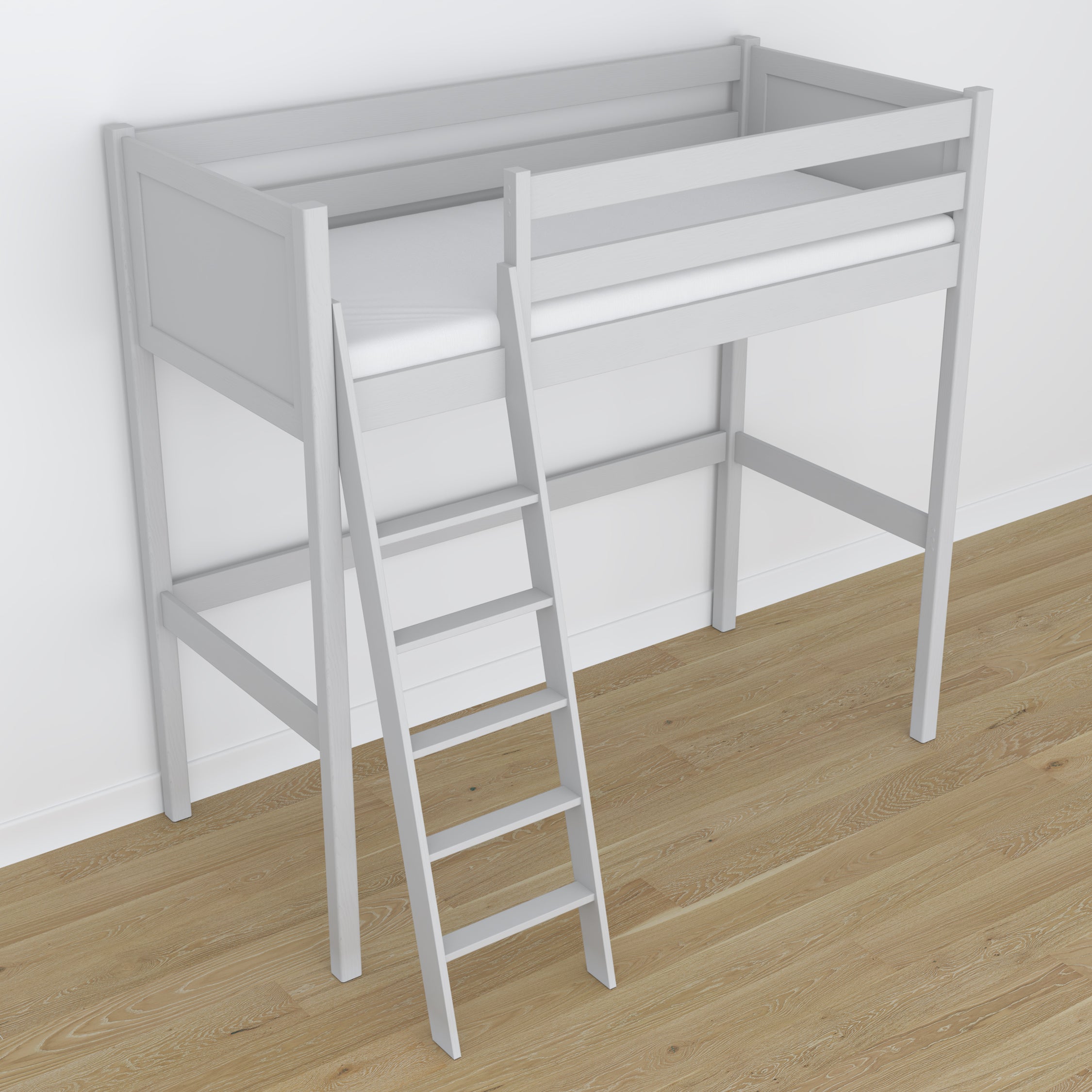 Loft bed grey wooden – top view of the sleeping area