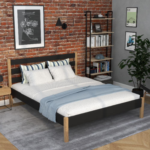 Double bed black and oak in bedroom – bedding arrangement with bedding, scandi style