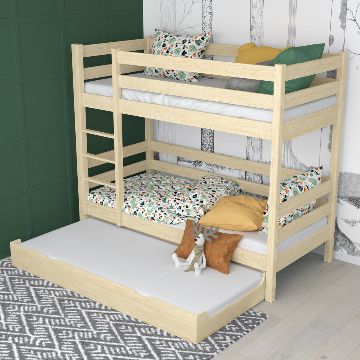 Clear Pine Bunk Bed for Children – Mattress Drawer, Wooden, Nizio