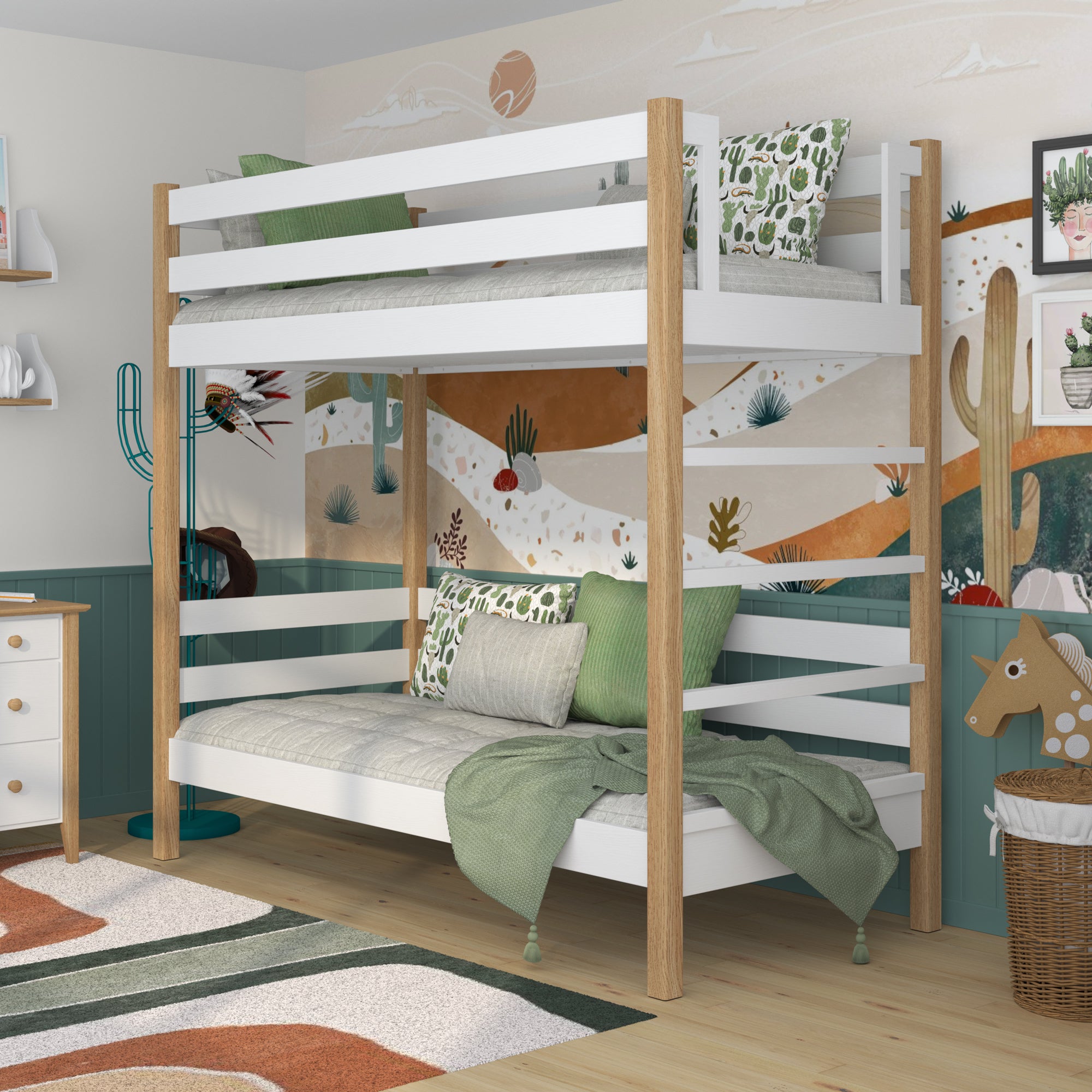 White and Oak Wooden Bunk Bed – Close-up of Joints and Wood Details
