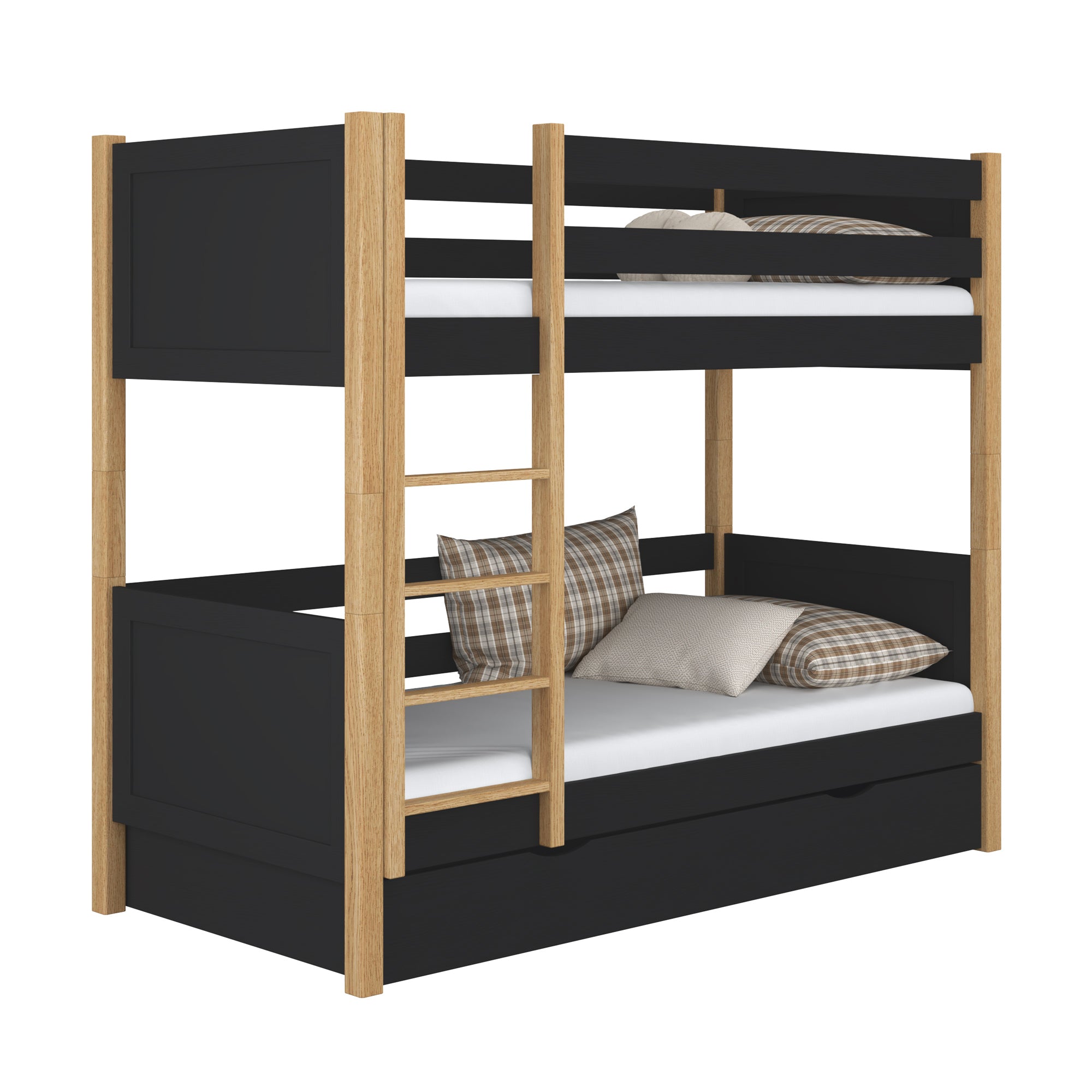 Black and Oak Wooden Bunk Bed – Open Drawer, Spacious Storage Under the Bed
