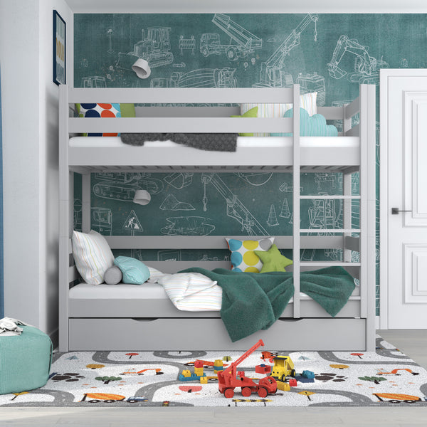 Grey Bunk Bed with Mattress Drawer – Safety Rail, Wooden, Nizio Home