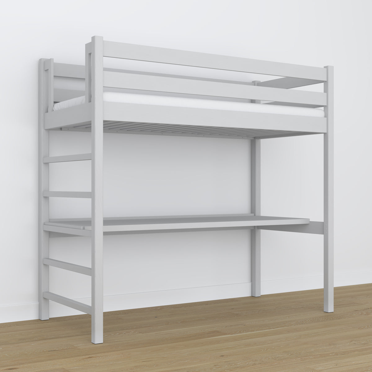 Loft bed grey wooden – top view of the sleeping area, Nizio