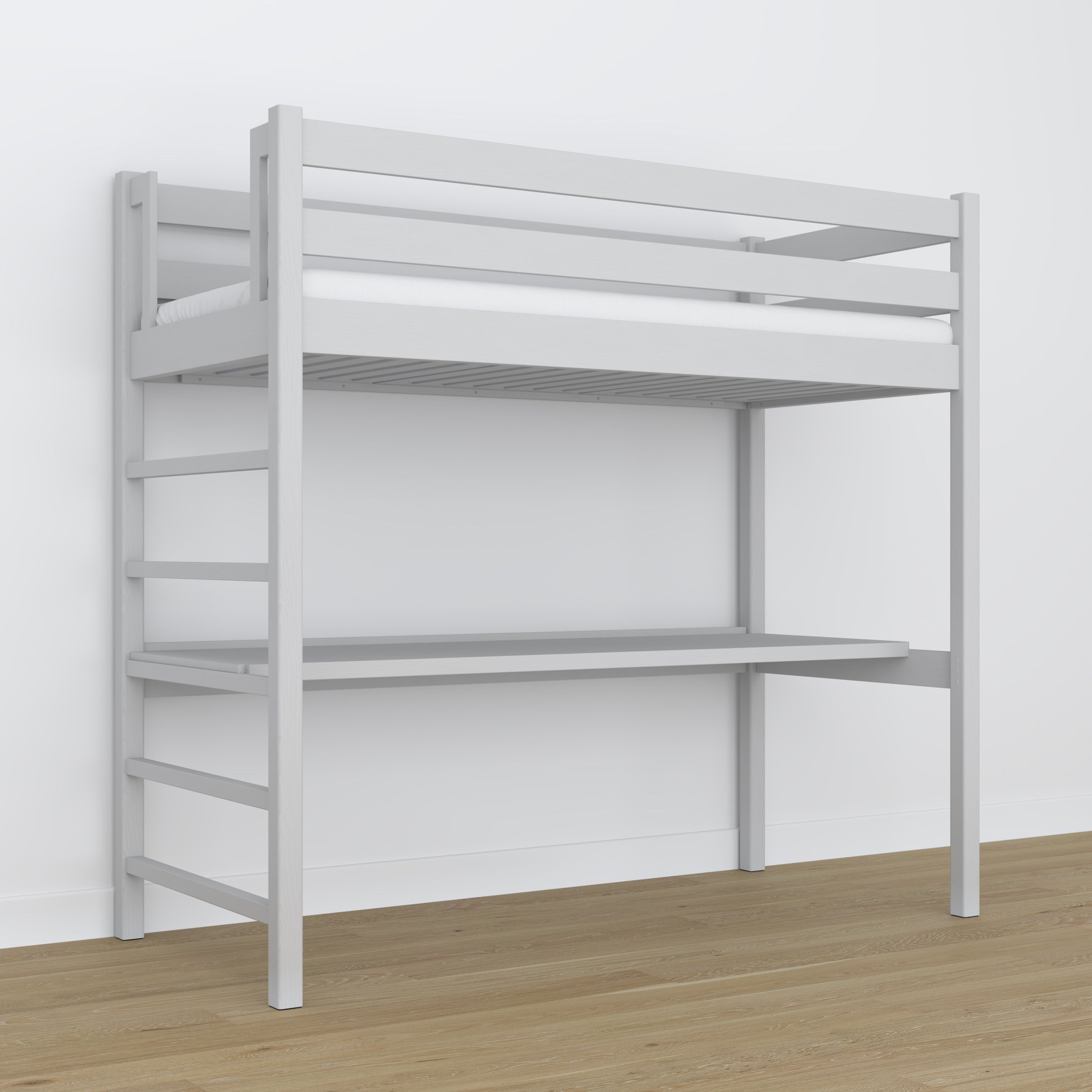 Loft bed grey wooden – top view of the sleeping area, Nizio