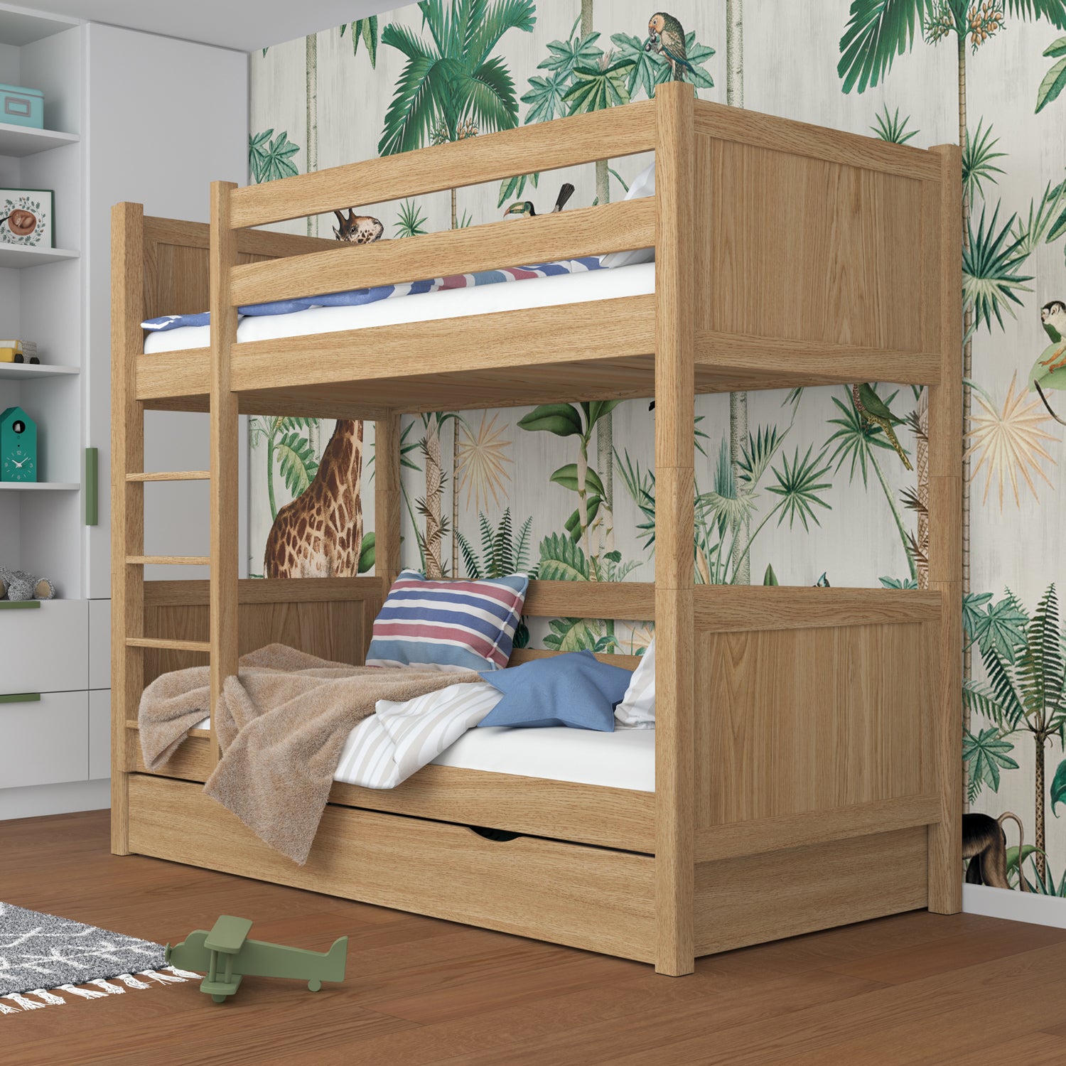 Natural Oak Bunk Bed for Children – Two Sleeping Areas and Drawer, Oak
