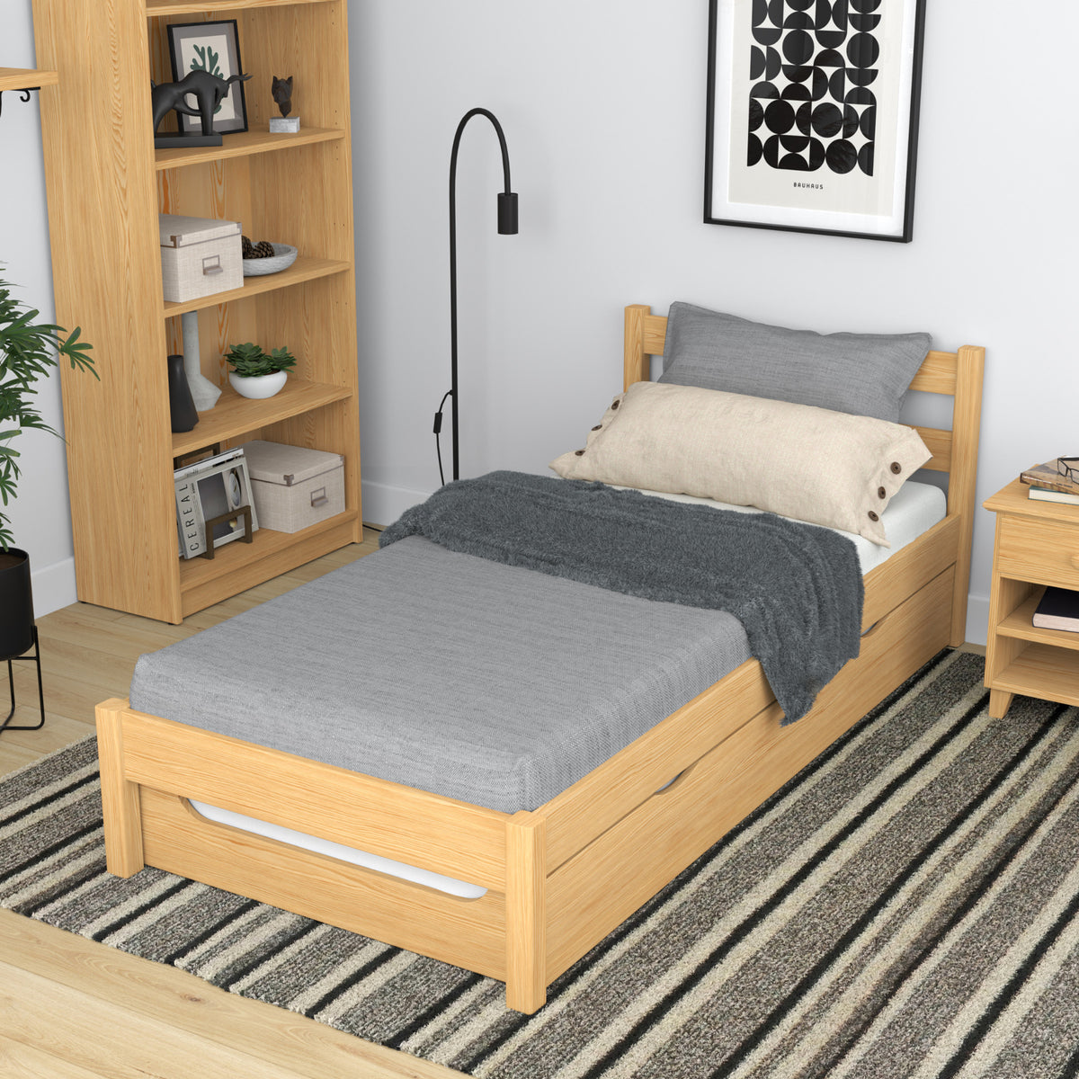 Natural pine bed with drawer for additional mattress – wooden, for children, Nizio