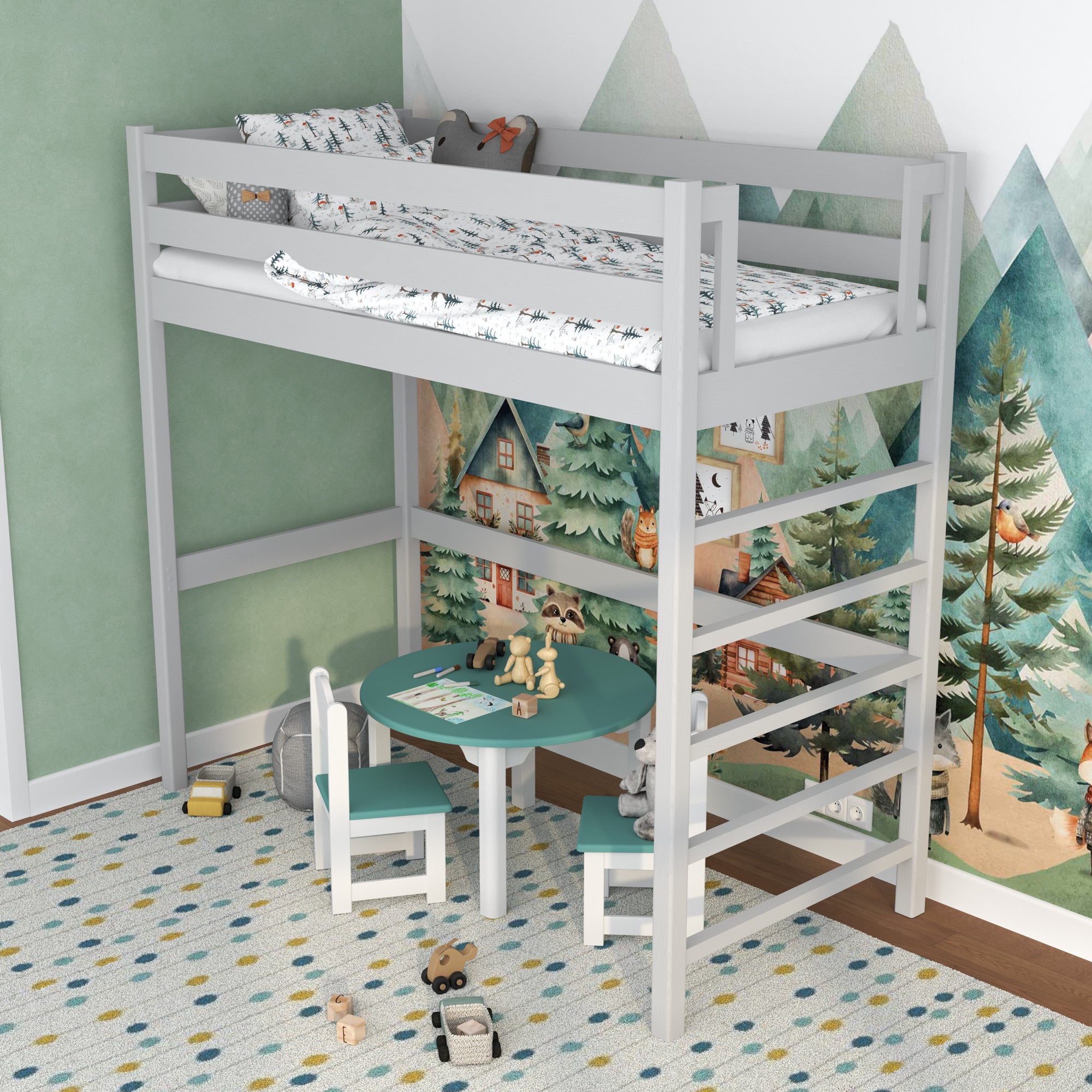Grey Wooden Loft Bed – Free Space Under the Sleeping Area, Nizio