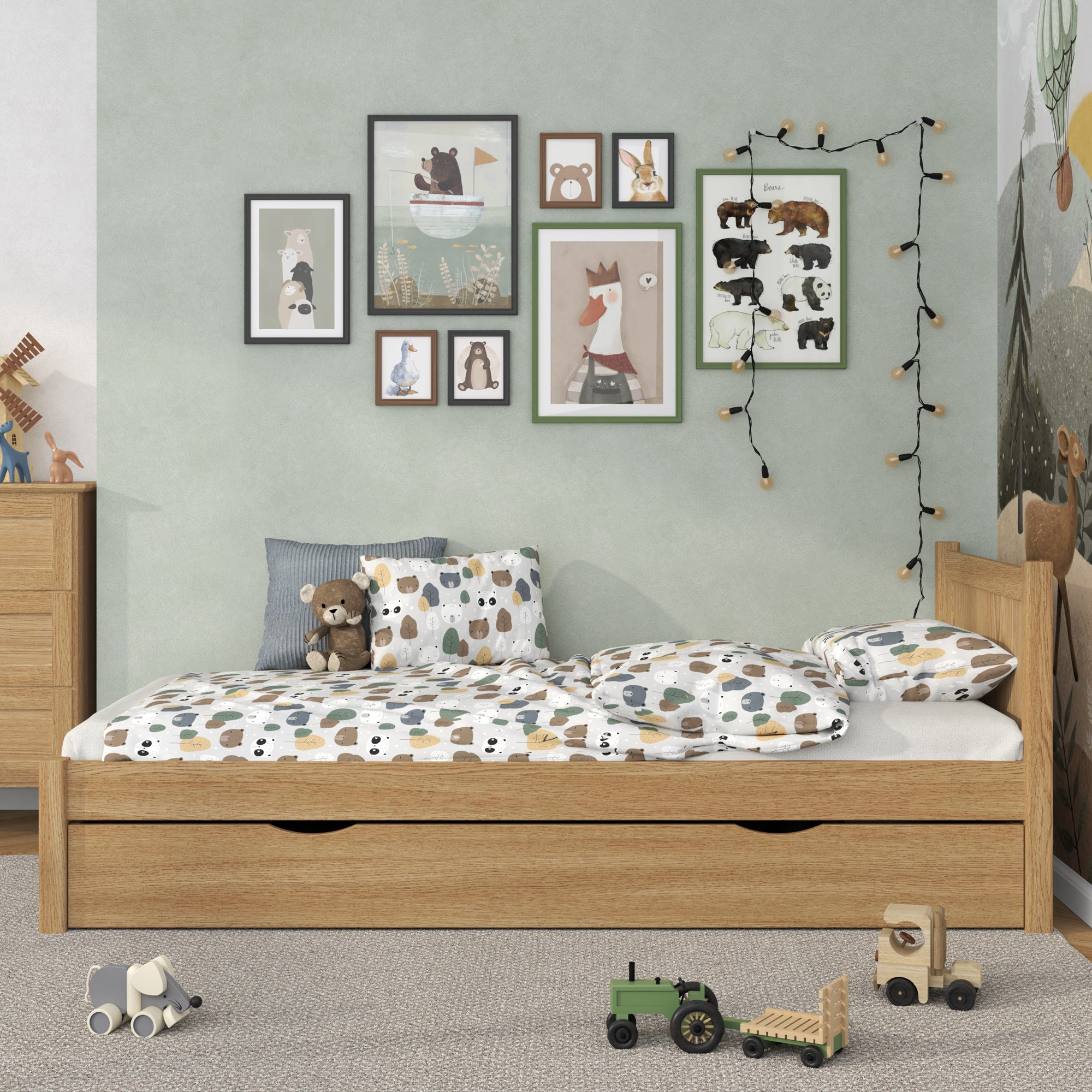Natural Oak Bed with Drawer – Side View, Oak, Nizio Home