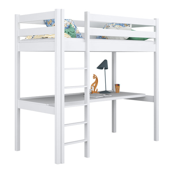 Loft bed white with desk – study space under the sleeping area, wooden