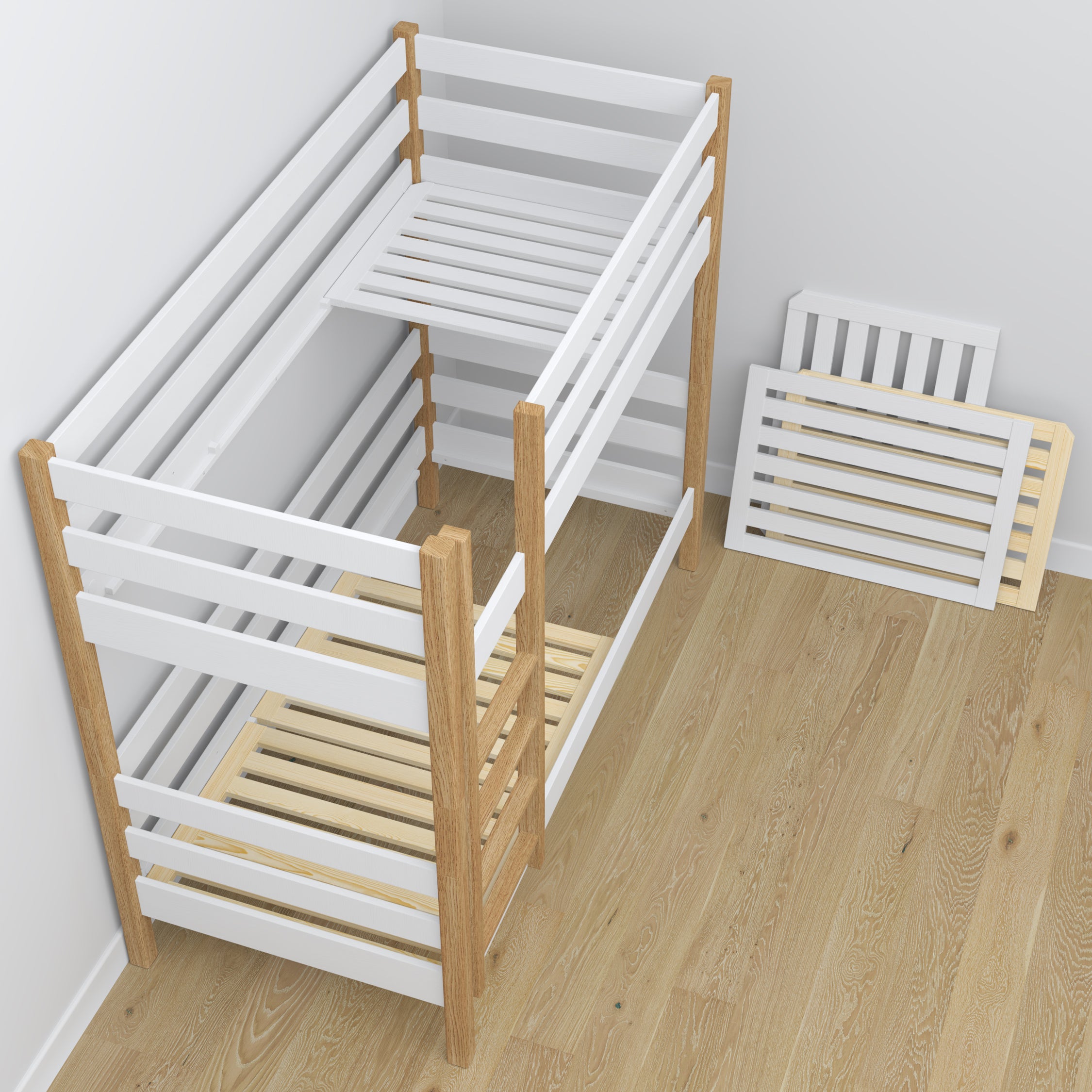 White and Oak Wooden Bunk Bed – Slatted Frame, Durable Joinery Joints