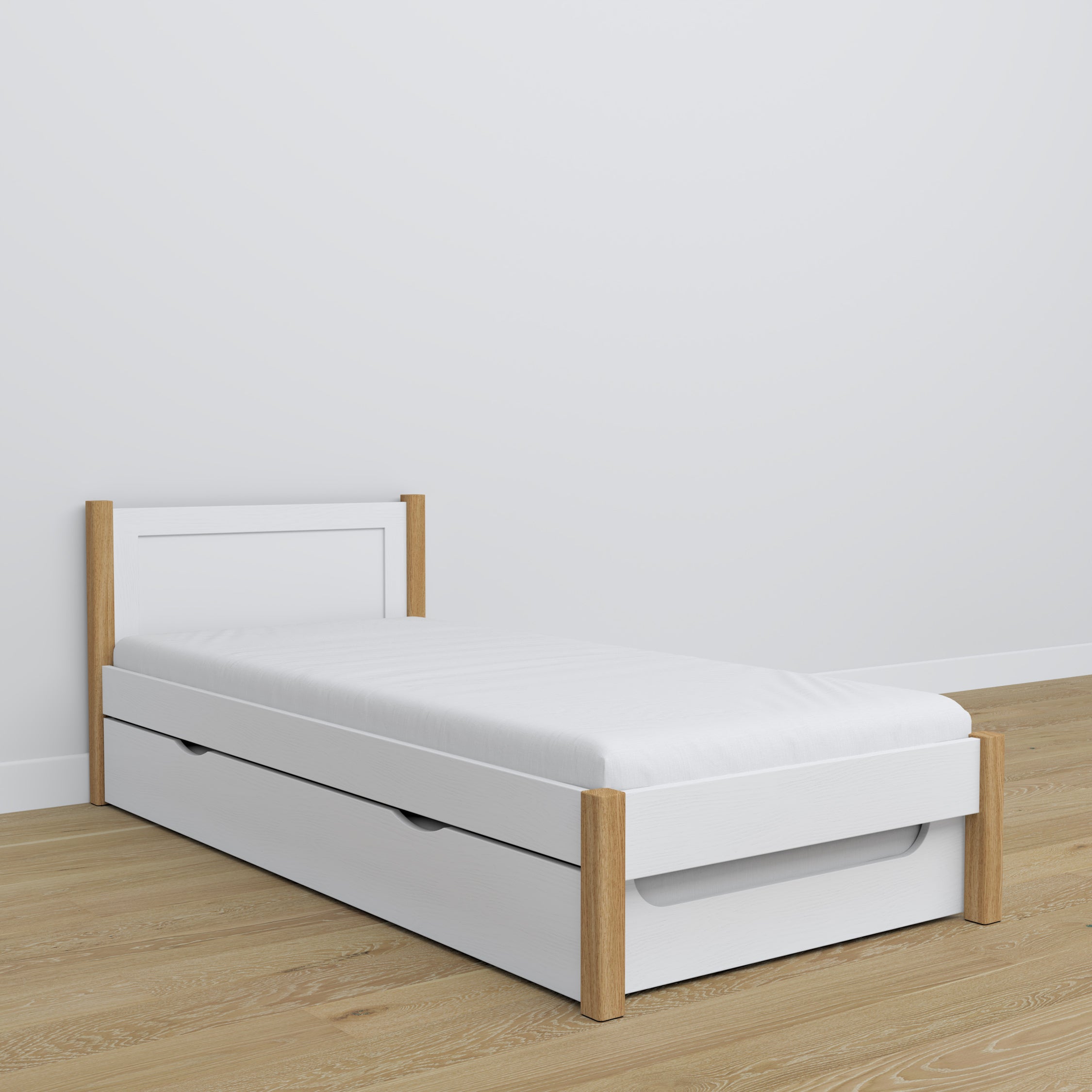 Wooden bed with mattress drawer white-oak – child’s room arrangement