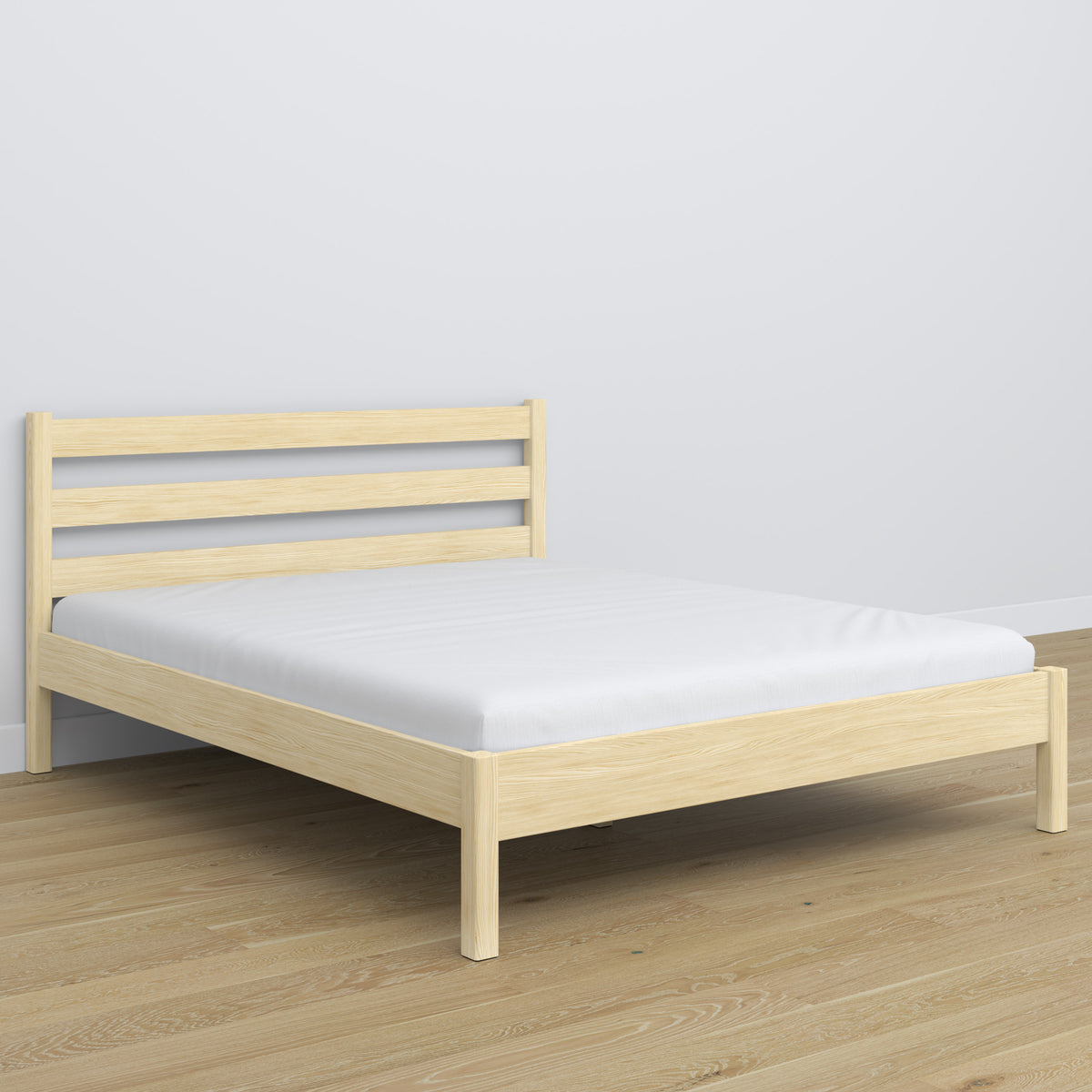 Double bed clear pine – wooden headboard, close-up of wood quality