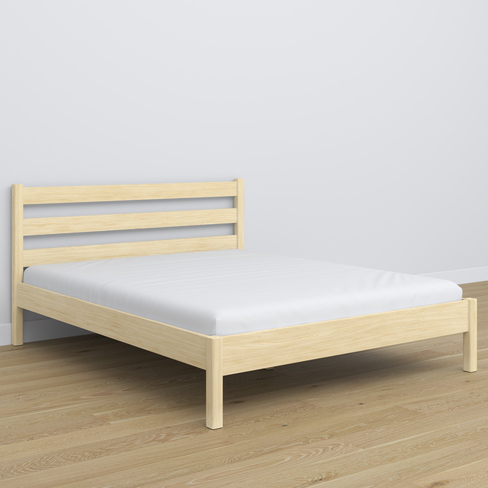 Double bed clear pine – wooden headboard, close-up of wood quality