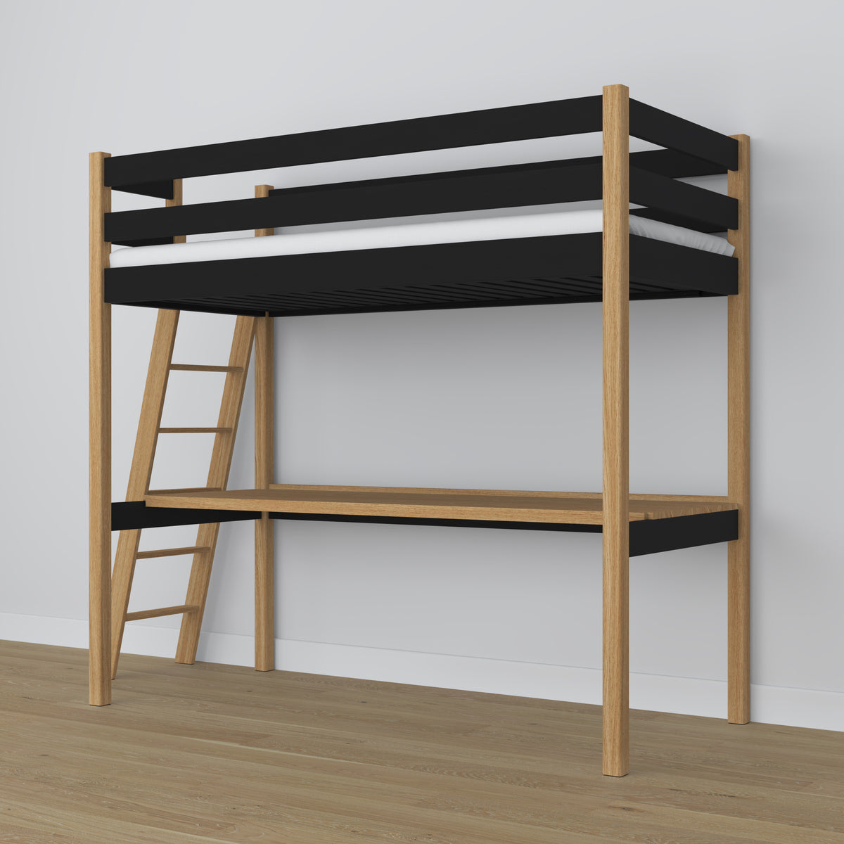 Black and Oak Wooden Loft Bed with Desk – Frame and Slats, Nizio