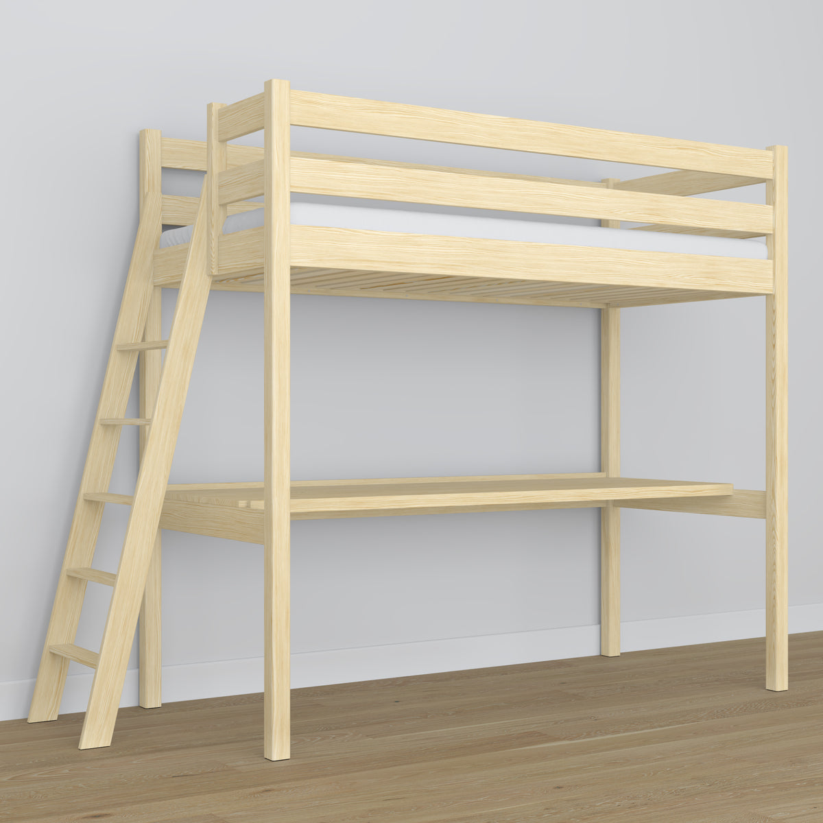 Loft bed clear pine – wooden desk under the sleeping area, scandi children’s room