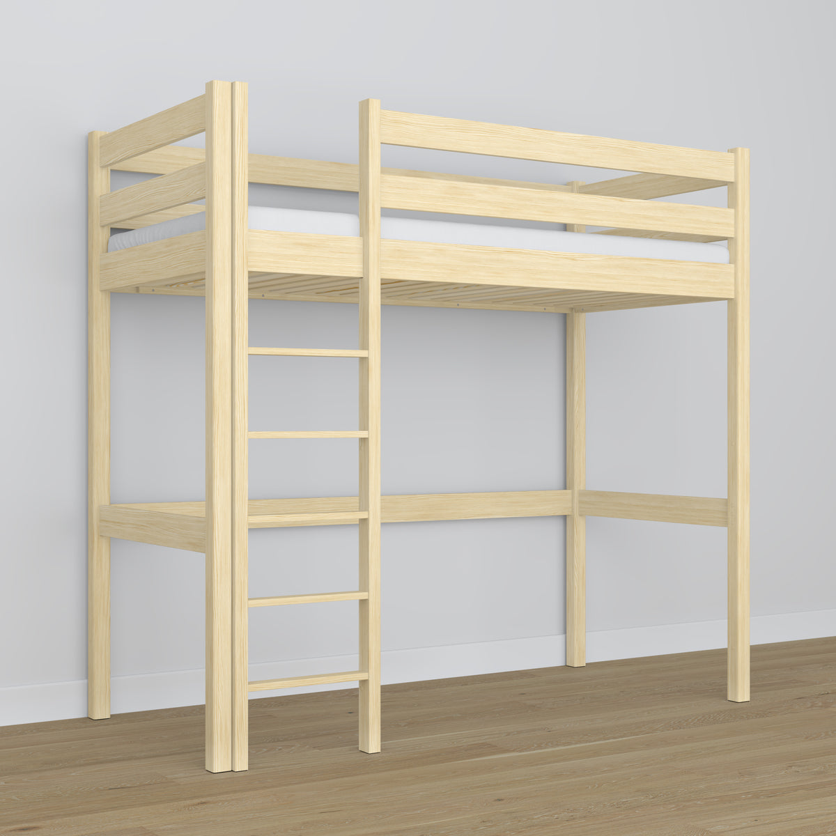 Loft bed clear pine in children’s room – scandi arrangement, wooden