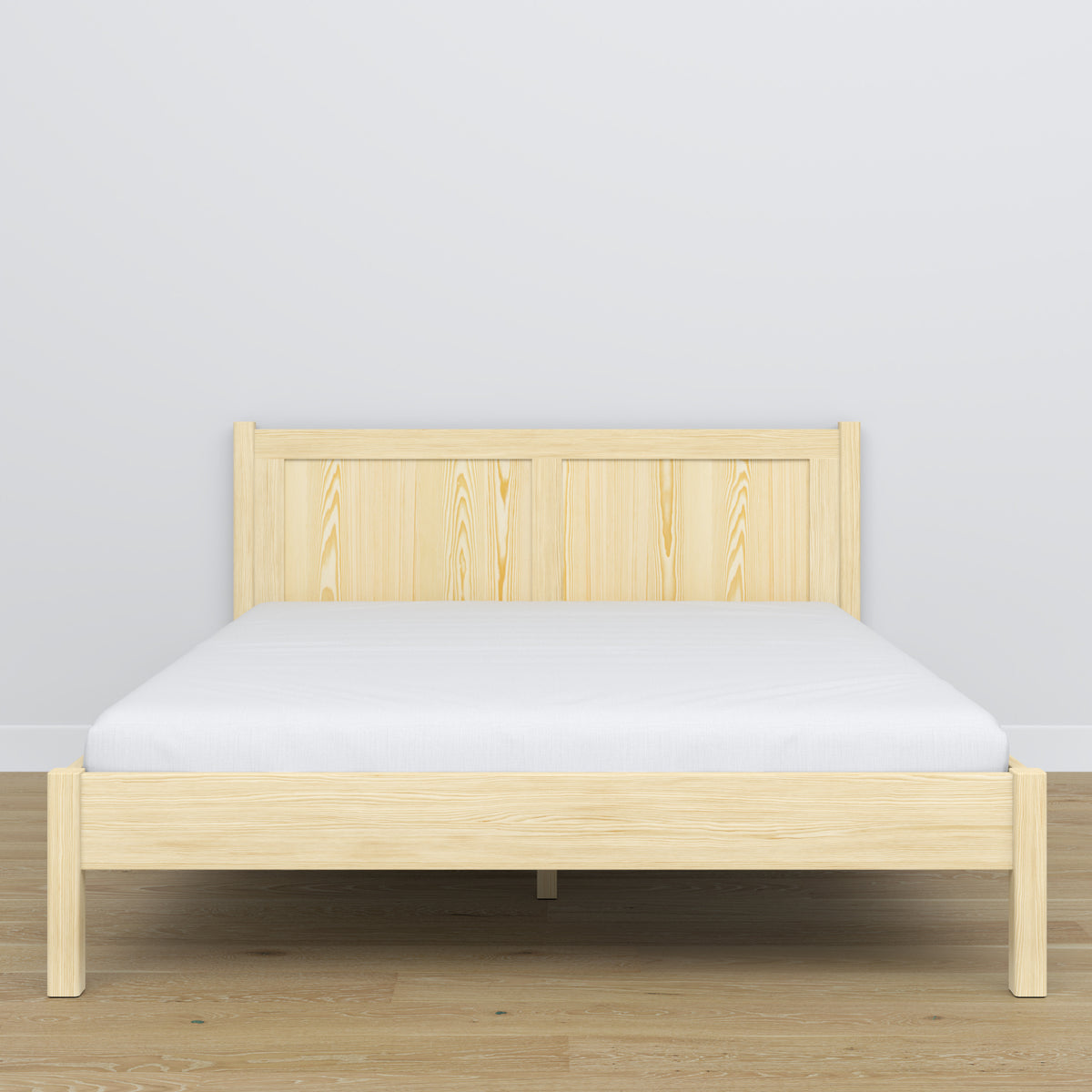 Wooden double bed clear pine – side view, proportions and shape, bedroom