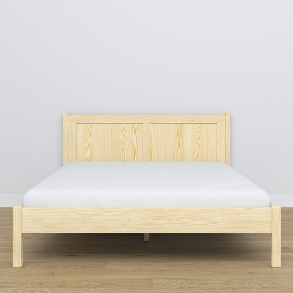 Wooden double bed clear pine – side view, proportions and shape, bedroom